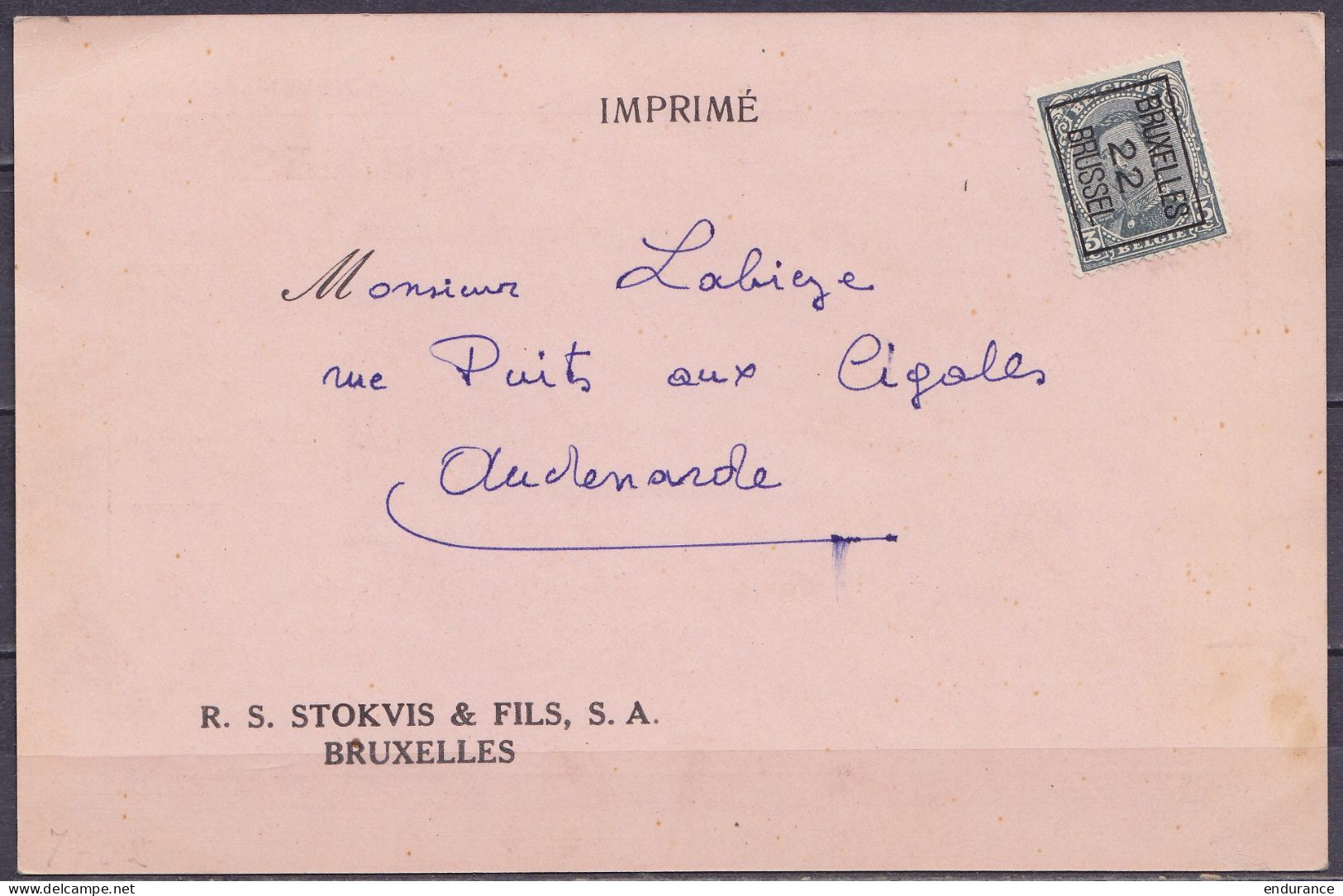 Imprimé Carte Publicitaire "Nettoyeur De Pare-brises Stokvis & Fils" Affr. PREO 3c Gris (N°183) Surch. [BRUXELLES /22/ B - Typo Precancels 1922-26 (Albert I)