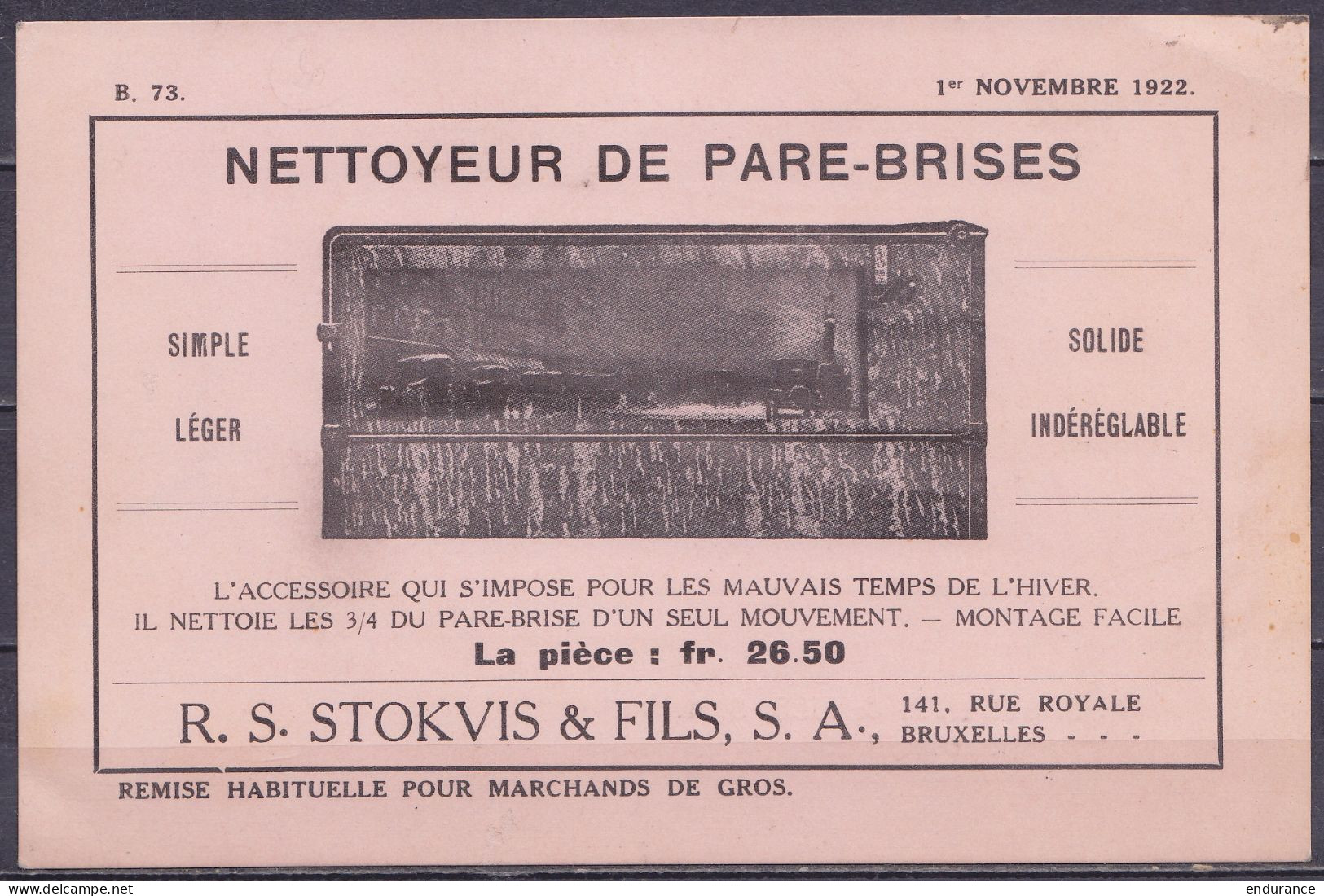 Imprimé Carte Publicitaire "Nettoyeur De Pare-brises Stokvis & Fils" Affr. PREO 3c Gris (N°183) Surch. [BRUXELLES /22/ B - Typografisch 1922-26 (Albert I)