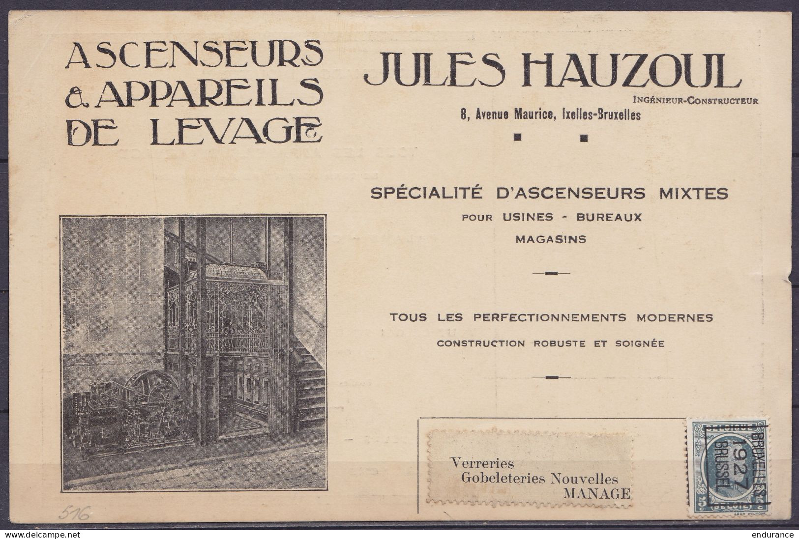 Imprimé Carte Publicitaire "Ascenseurs J. Hauzoul Ixelles" Affr. PREO 5c Gris (N°193) Surch. [BRUXELLES /1927/ BRUSSEL]  - Typos 1922-31 (Houyoux)