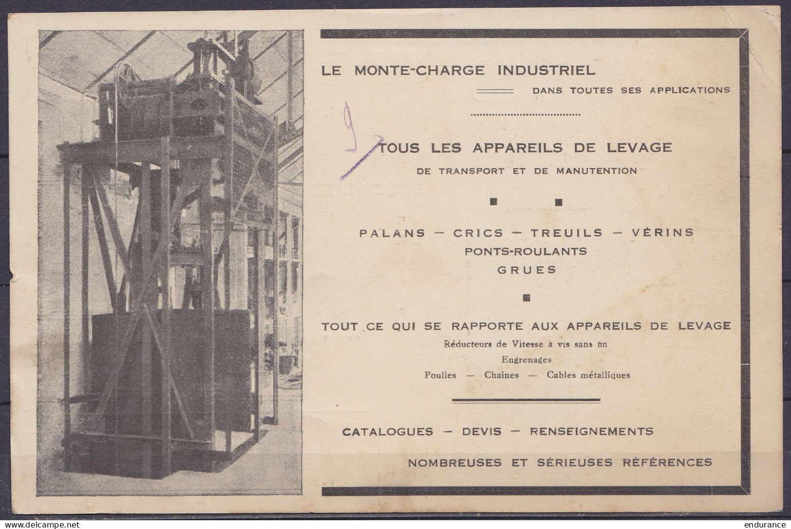 Imprimé Carte Publicitaire "Ascenseurs J. Hauzoul Ixelles" Affr. PREO 5c Gris (N°193) Surch. [BRUXELLES /1927/ BRUSSEL]  - Sobreimpresos 1922-31 (Houyoux)