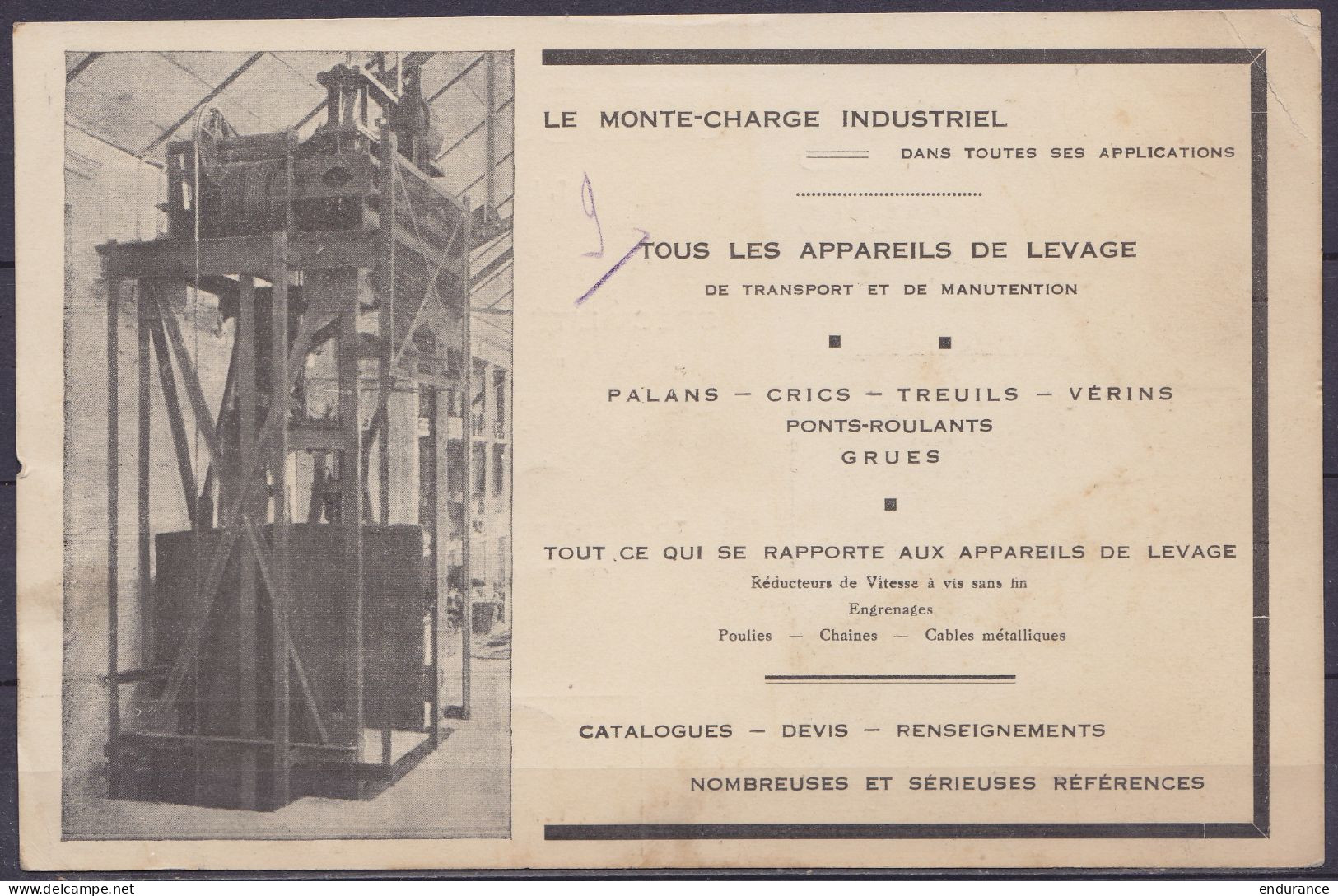 Imprimé Carte Publicitaire "Ascenseurs J. Hauzoul Ixelles" Affr. PREO 5c Gris (N°193) Surch. [BRUXELLES /1927/ BRUSSEL]  - Typografisch 1922-31 (Houyoux)