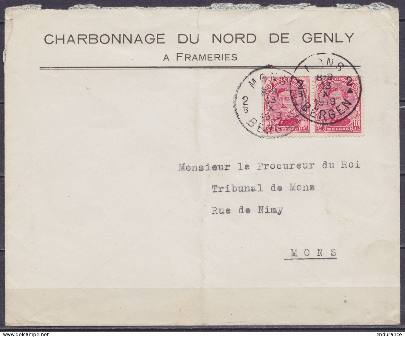 Env. "Charbonnage Du Nord De Genly Frameries" Affr. Paire N°138 Càd "MONS 2B /13 X 1919/ BERGEN" Pour E/V (au Dos: Càd A - 1915-1920 Albert I