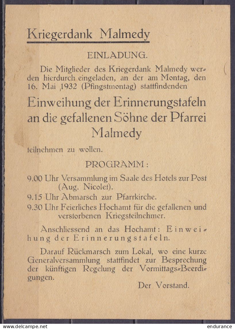 Carte "Kriegerdank Malmedy" Affr. N°280 Càd MALMEDY /13-5-1932 Pour MACAMPAGNE - 1929-1937 Heraldischer Löwe