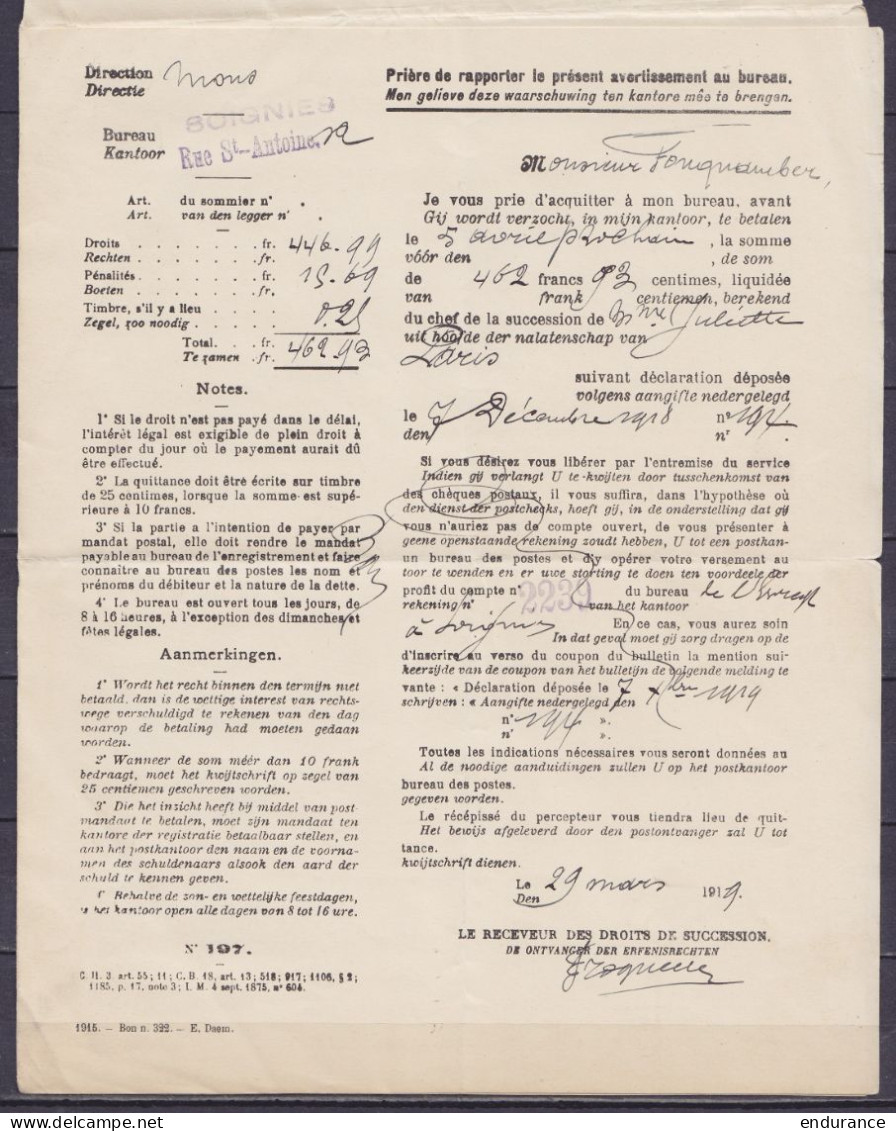 Imprimé "Ministère Des Finances" En Franchise Càd Fortune Octogon. "SOIGNIES /29 III 1919/ CAISSE" Pour ECAUSSINNES D'EN - Fortune Cancels (1919)