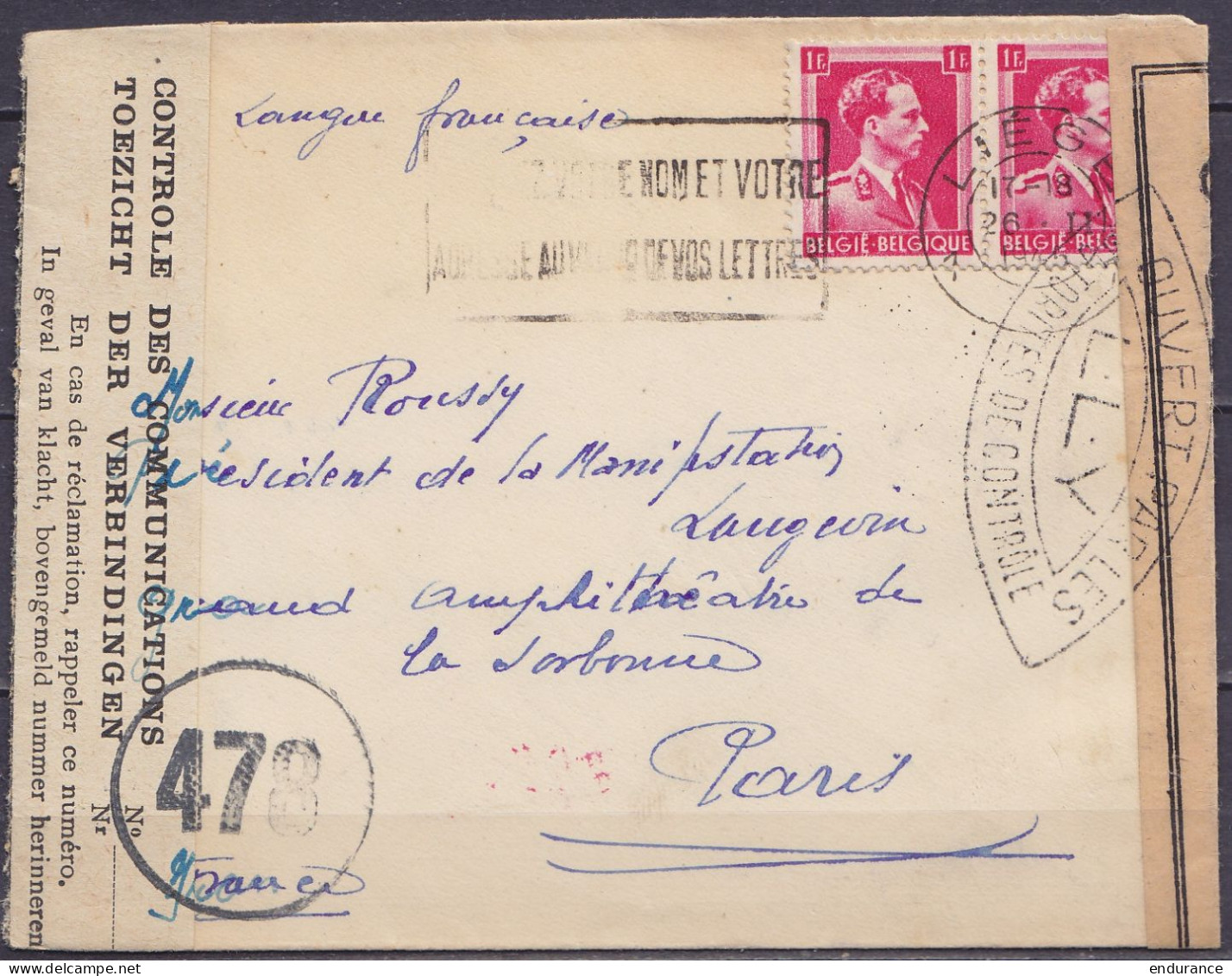 Env. Affr. Paire N°528 Flam . LIEGE /26.II 1945 Pour PARIS - Bandes Et Cachets Censures Belges Et Françaises - 1936-1957 Open Kraag