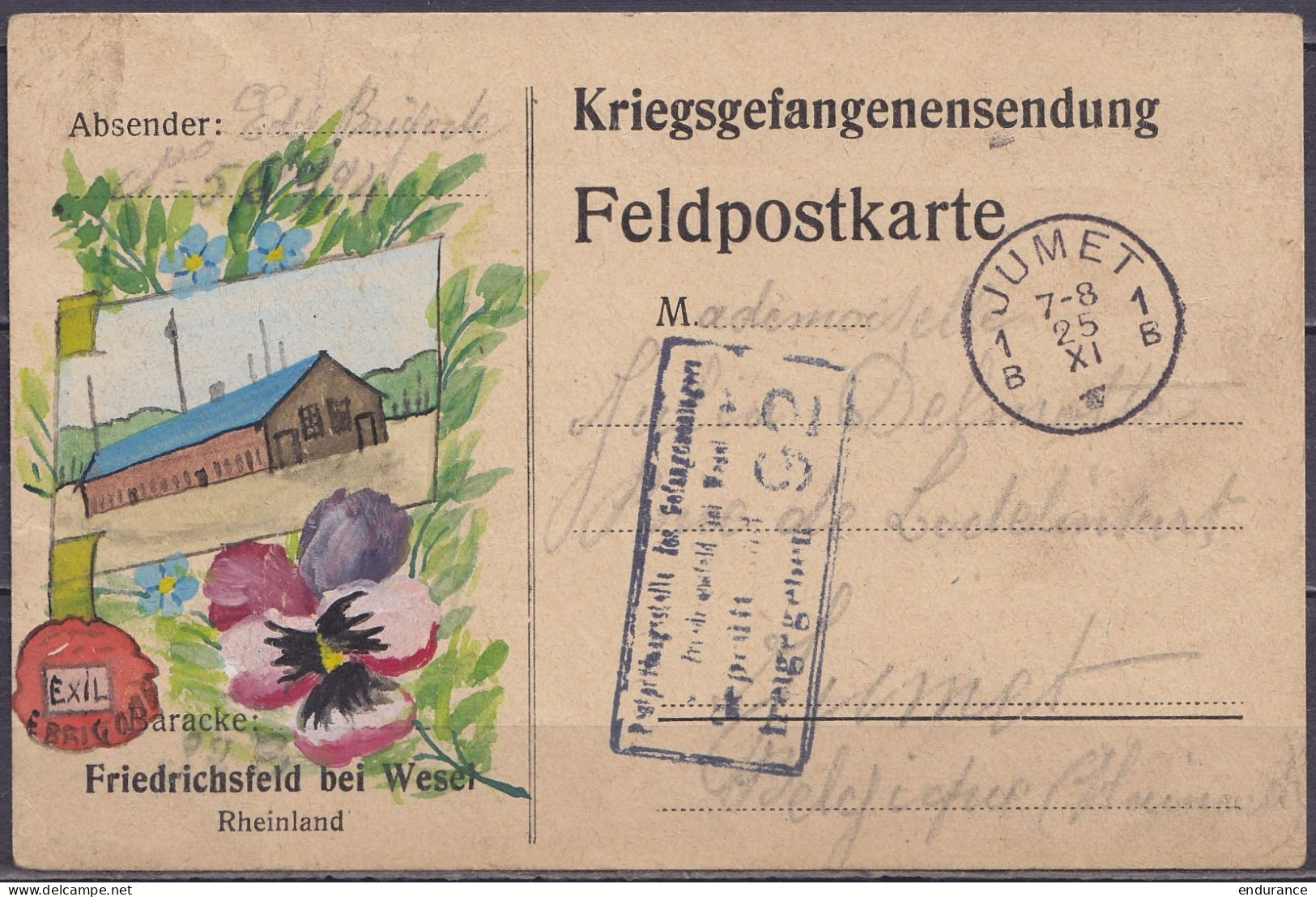 Carte De Prisonnier Feldpostkarte Kriegsgefangenensendung En Franchise Illustrée à La Main Datée 11 Novembre 1917 De FRI - Prisoners