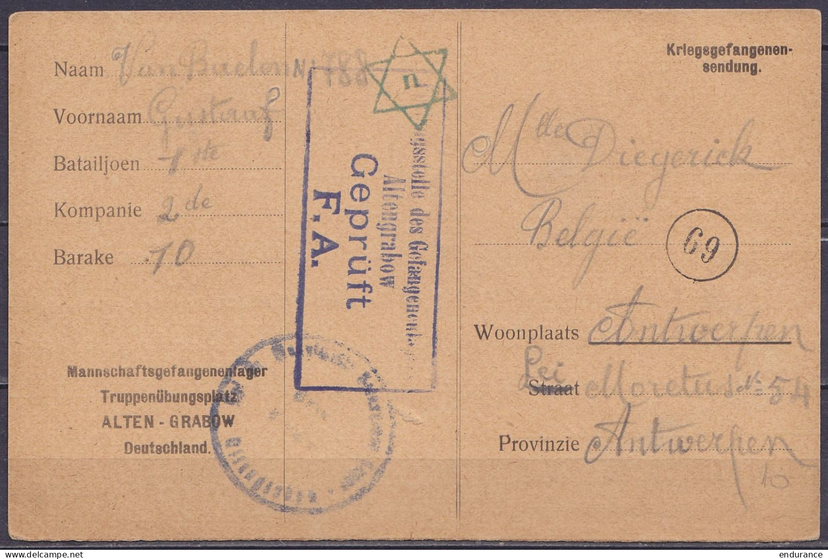 Carte De Prisonnier Feldpostkarte Kriegsgefangenensendung En Franchise Datée 14-4-1918 De ALTEN-GRABOW Pour ANTWERPEN -  - Prisonniers