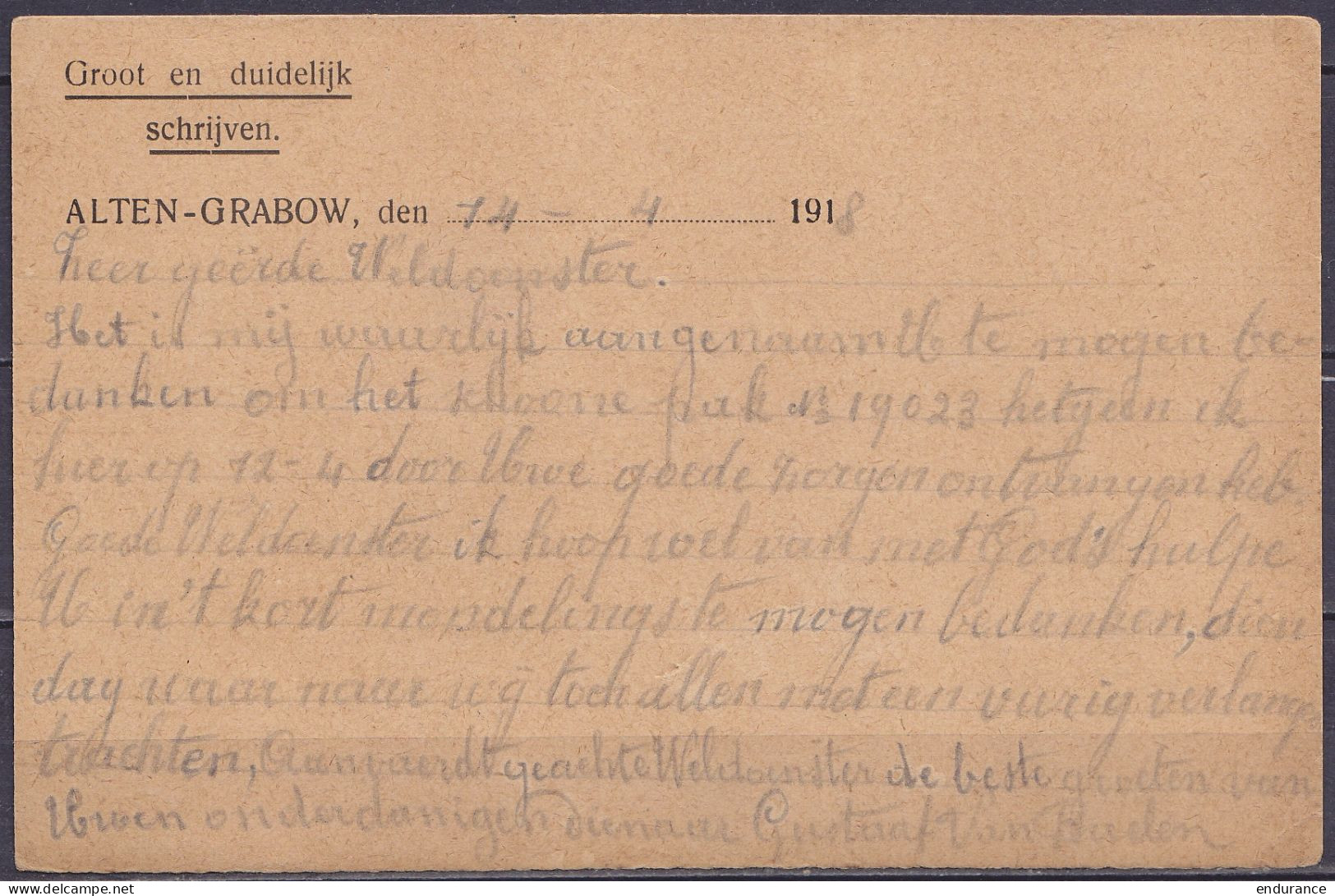 Carte De Prisonnier Feldpostkarte Kriegsgefangenensendung En Franchise Datée 14-4-1918 De ALTEN-GRABOW Pour ANTWERPEN -  - Kriegsgefangenschaft