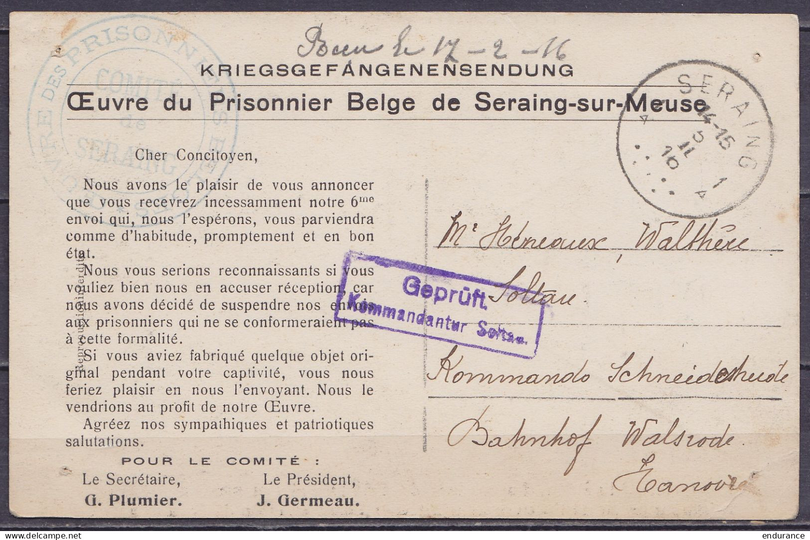 Carte De Prisonnier "Œuvre Du Prisonnier Belge De Seraing-sur-Meuse" Kriegsgefangenensendung En Franchise Càd SERAING /5 - Kriegsgefangenschaft