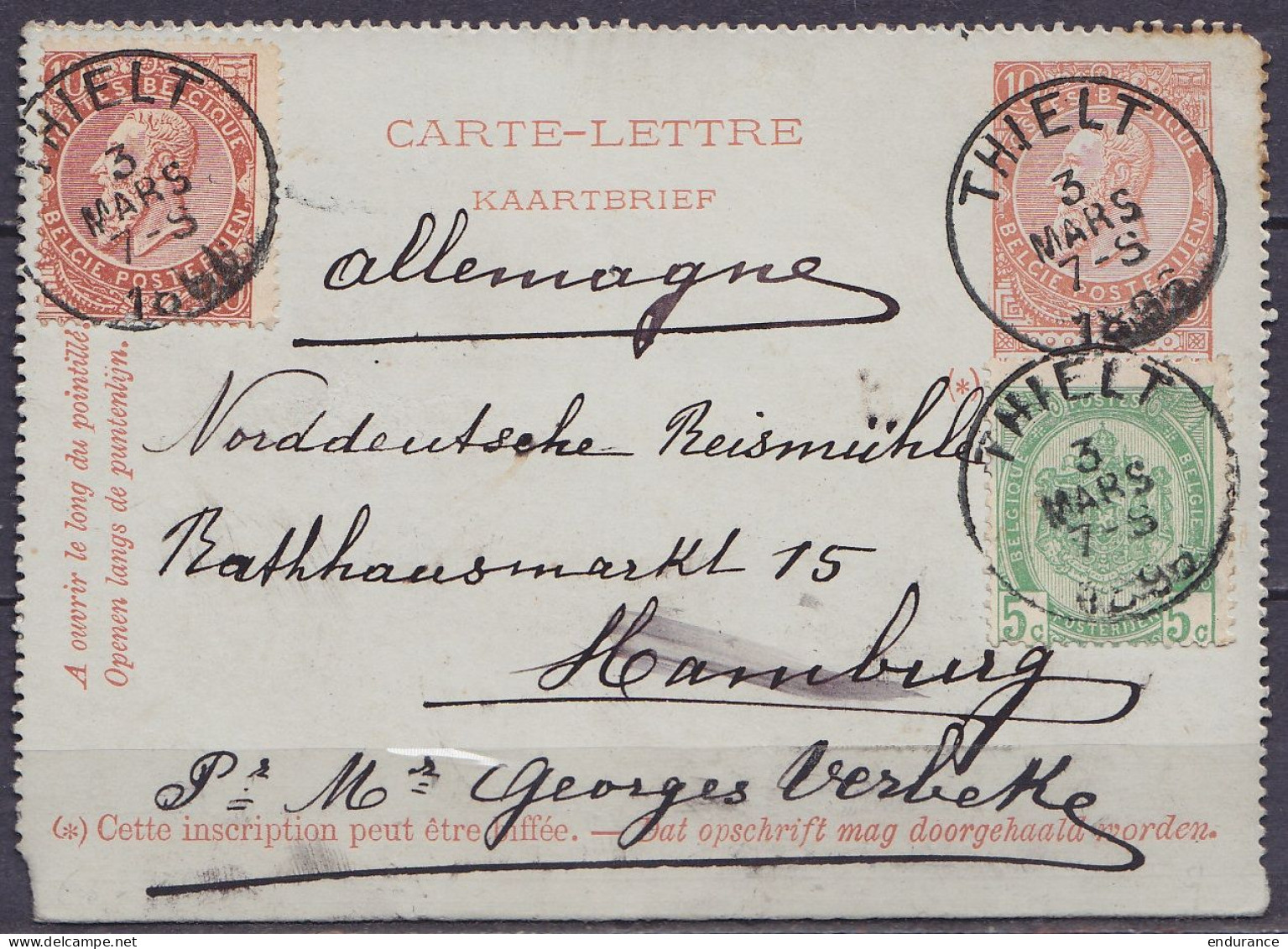 EP Carte-lettre 10c Rouge-brun (type N°57) + N°55+57 Càd THIELT /3 MARS 1896 Pour HAMBURG Allemagne (au Dos: Càd Arrivée - Cartas-Letras