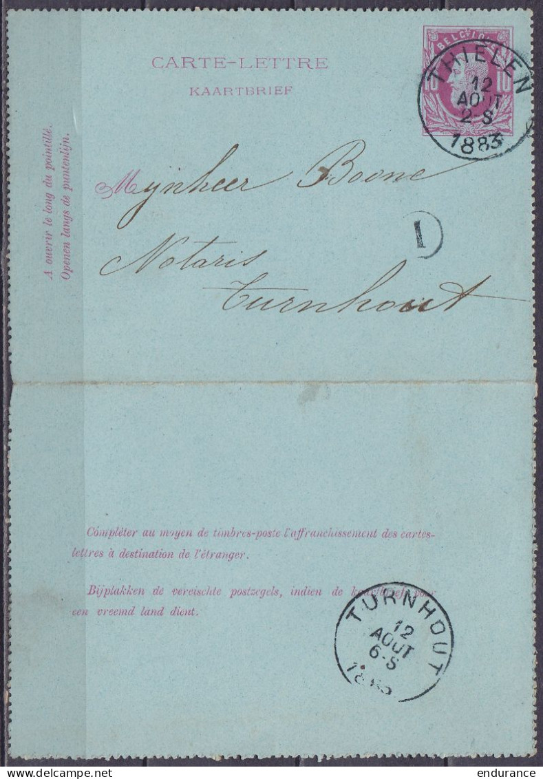 EP Carte-lettre 10c Rose (type N°74) Càd THIELEN /12 AOUT 1883 Pour TURNHOUT - Boîte Rurale "I" (au Dos: Càd Arrivée TUR - Kartenbriefe