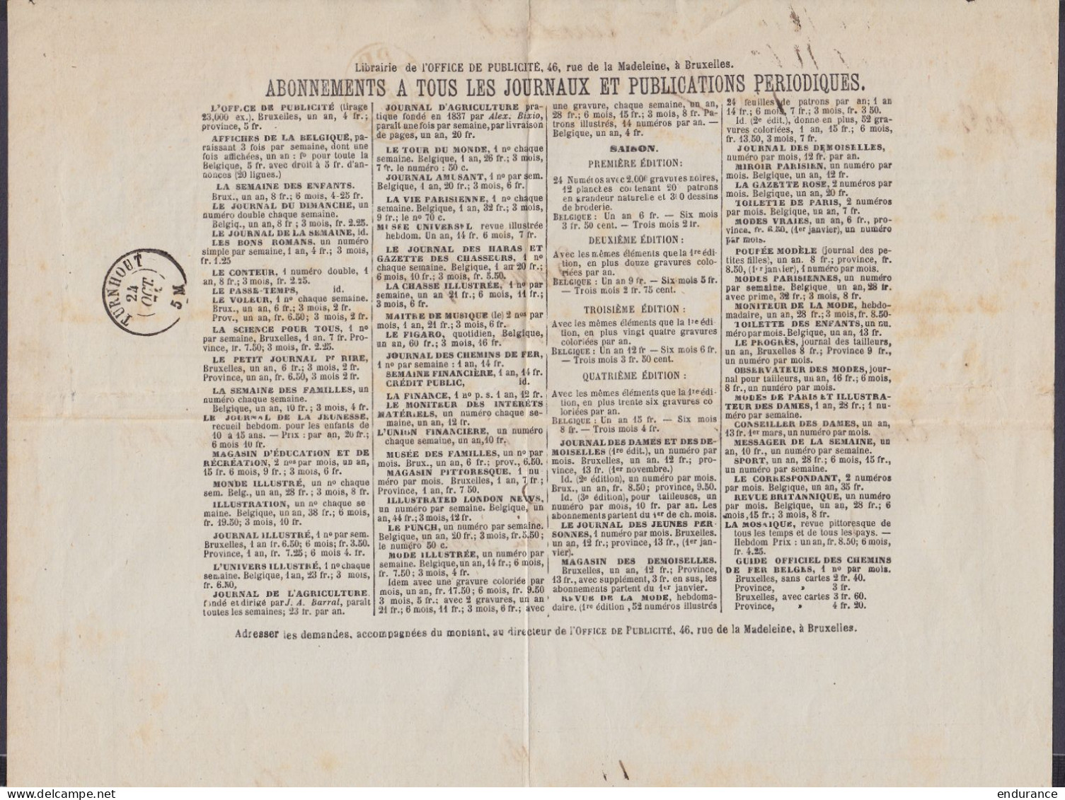Journal L'Office De Publicité - Décompte Pour Notaire De Turnhout Pour L'insertion D'une Annonce - Càd Oval "PD /23 OCT  - 1869-1883 Léopold II