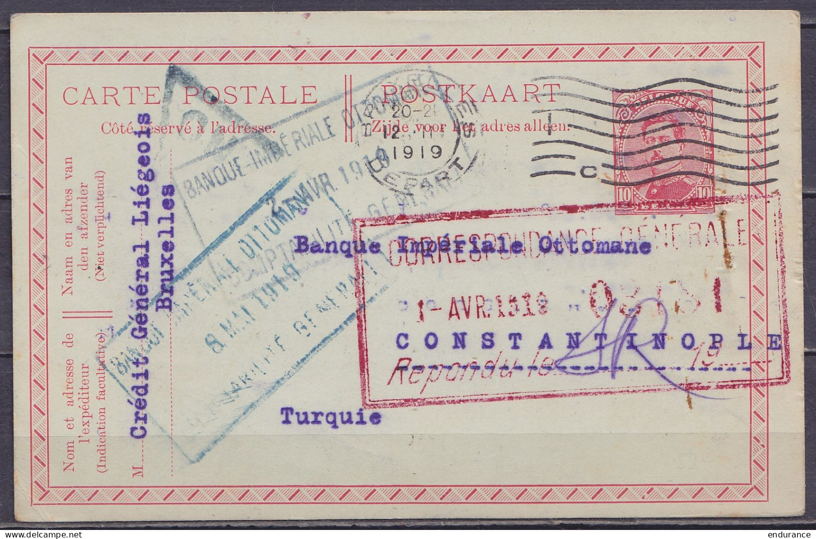 EP CP 10c Rouge (type N°138) Flam. "BRUXELLES /12.III 1919/ DEPART" Pour CONSTANTINOPLE Turquie - Cachet Censure Et Dive - 1915-1920 Alberto I