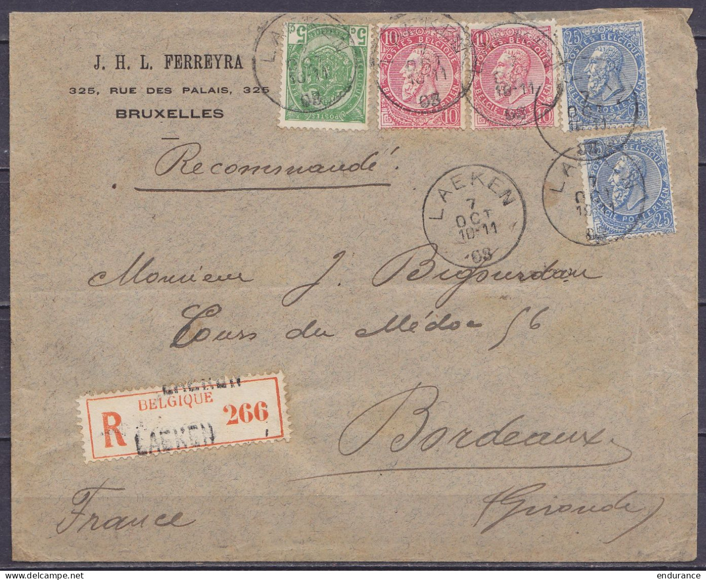 Env. Recommandée Affr. N°56 + 2xN°58 + 2xN°60 (double Port) Càd LAEKEN /7 OCT 1903 Pour BORDEAUX (au Dos: Càd Arrivée BO - 1893-1907 Wappen