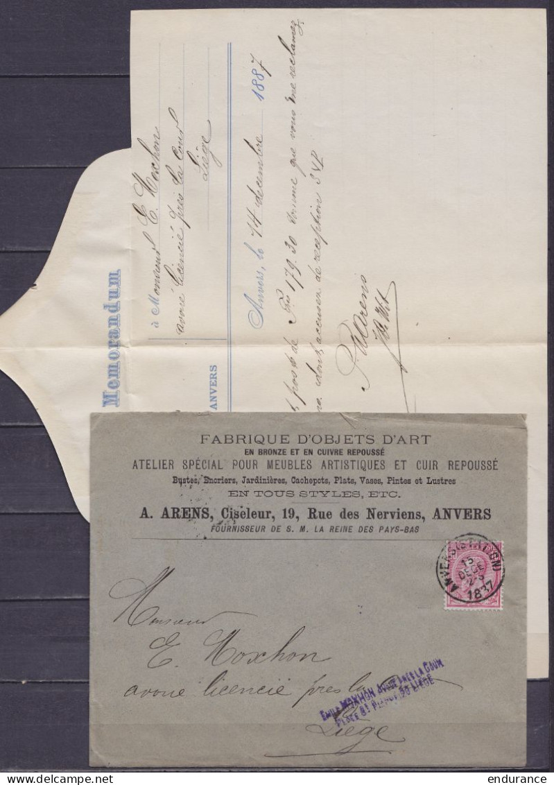 LAC "Fabrique D'objets D'art En Bronze Arens" Affr. N°46 Càd ANVERS (STATION) /15 DECE 1887 Pour LIEGE (au Dos: Càd Arri - 1884-1891 Leopoldo II