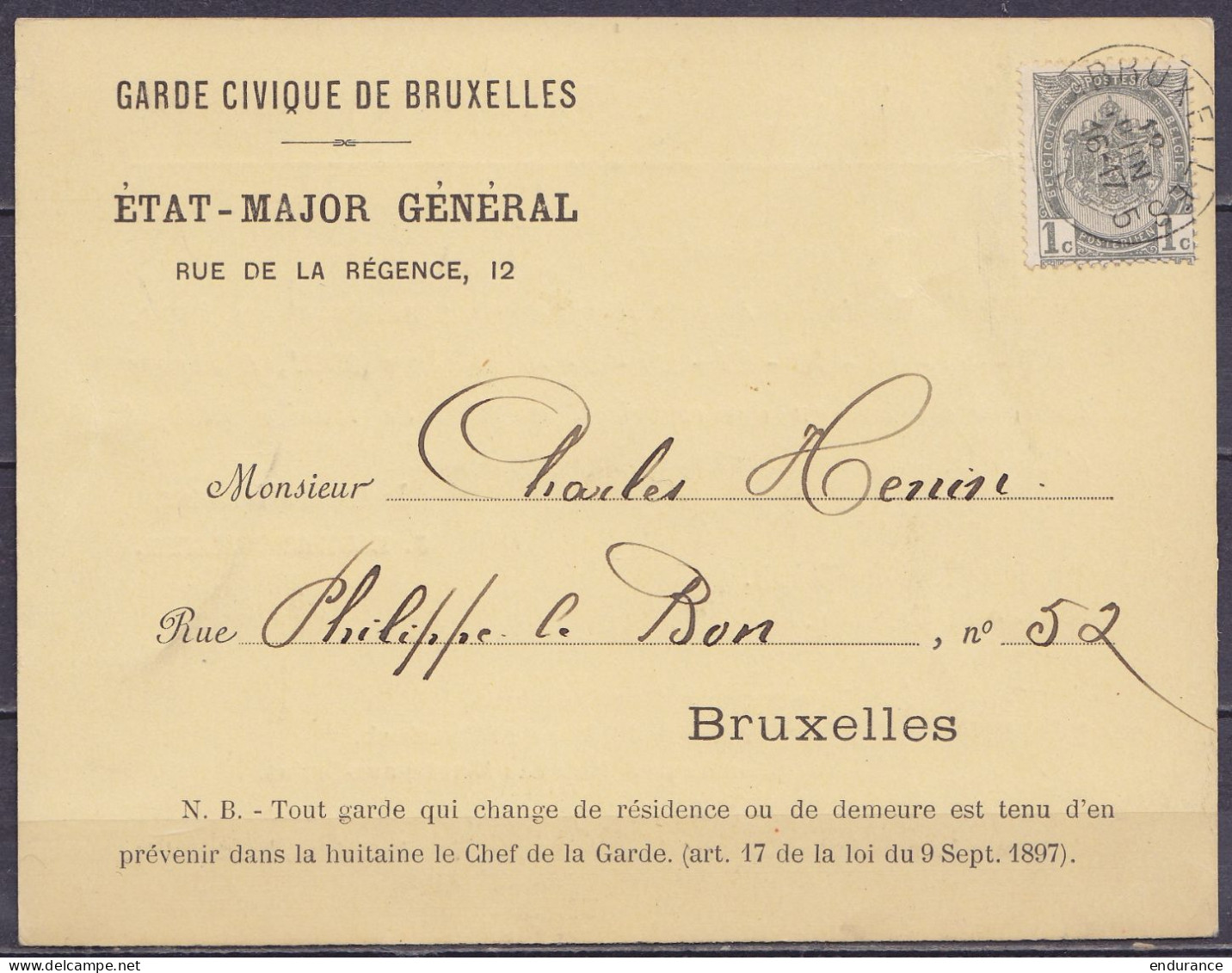 CP "Garde Civique De Bruxelles / Etat-Major Général" Aff. N°53 Càd BRUXELLES /12 JUIN 1901 Pour E/V - Concerne Le Servic - 1893-1907 Armarios