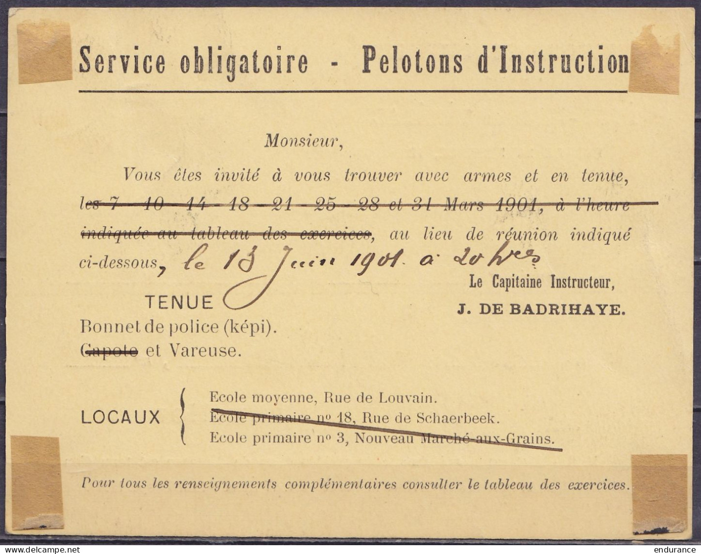 CP "Garde Civique De Bruxelles / Etat-Major Général" Aff. N°53 Càd BRUXELLES /12 JUIN 1901 Pour E/V - Concerne Le Servic - 1893-1907 Armarios