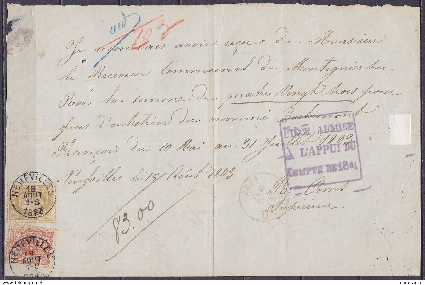Reçu Du Receveur Communal De Montignies-sur-Roc Affr. N°28+32 Càd NEUFVILLES /18 AOUT 1883 (au Dos: Càd DOUR + Note Fact - 1869-1883 Léopold II