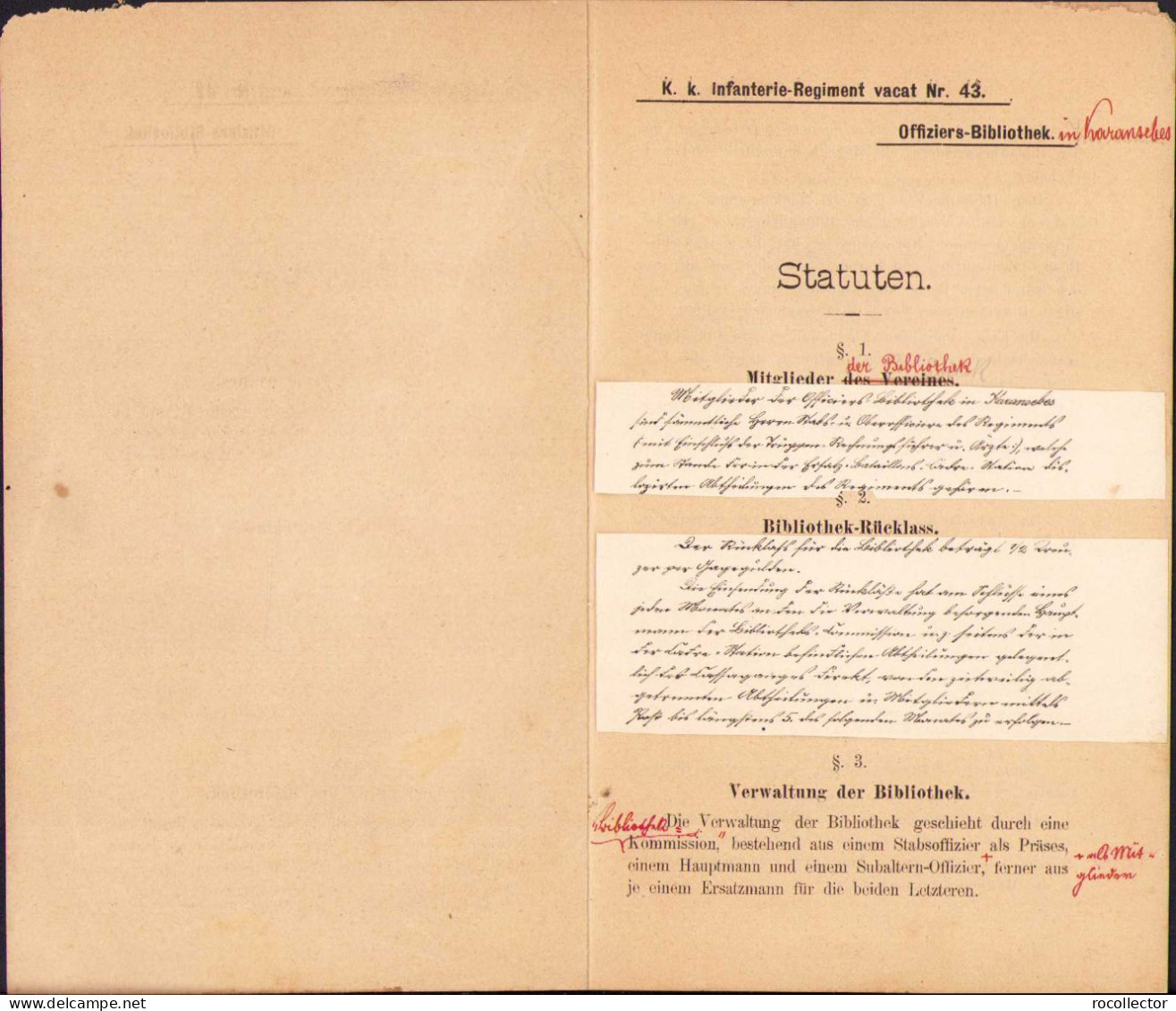 Statuten Für Die Offiziers-Bibliotek Des Infanterie-Regiments Nr. 43 Karansebes 1887 C1061 - Old Books
