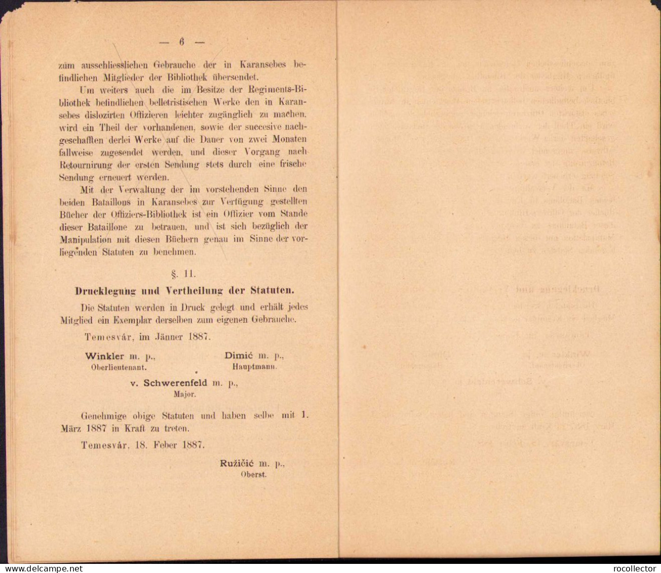 Statuten Für Die Offiziers-Bibliotek Des Infanterie-Regiments Nr. 43 Karansebes 1887 C1061 - Alte Bücher