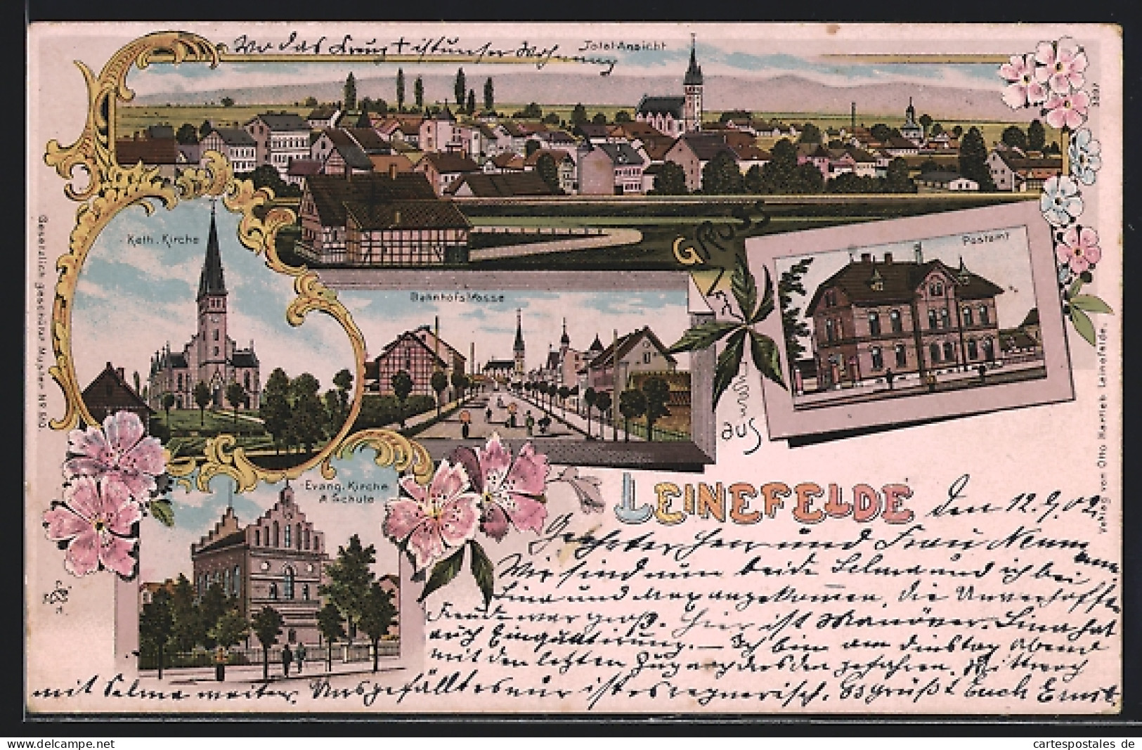 Lithographie Leinefelde, Blick In Die Bahnhofstrasse, Evang. Kirche Mit Schule, Postamt  - Leinefelde