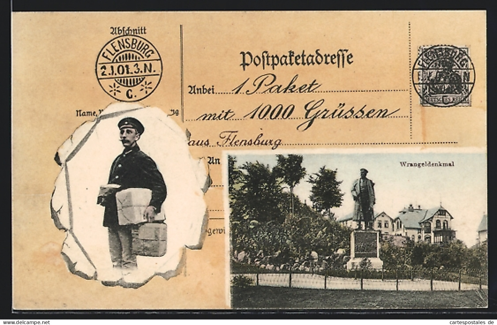 AK Flensburg, Wrangel-Denkmal, Briefträger Mit Paketen, Paketschein-Formular  - Post & Briefboten