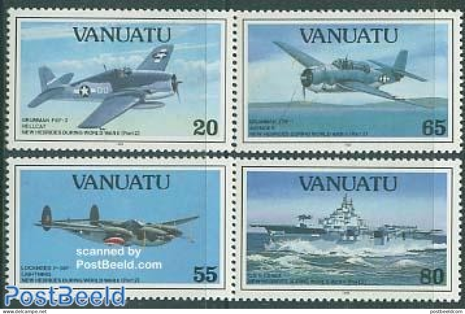 Vanuatu 1993 World War II, Aeroplanes 4v, Mint NH, History - Transport - World War II - Aircraft & Aviation - Ships An.. - Seconda Guerra Mondiale