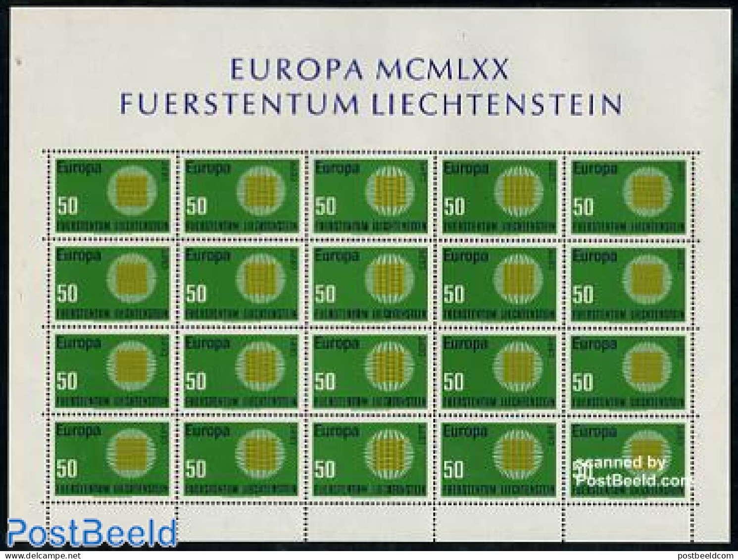 Liechtenstein 1970 Europa M/s Of 20, Mint NH, History - Europa (cept) - Neufs