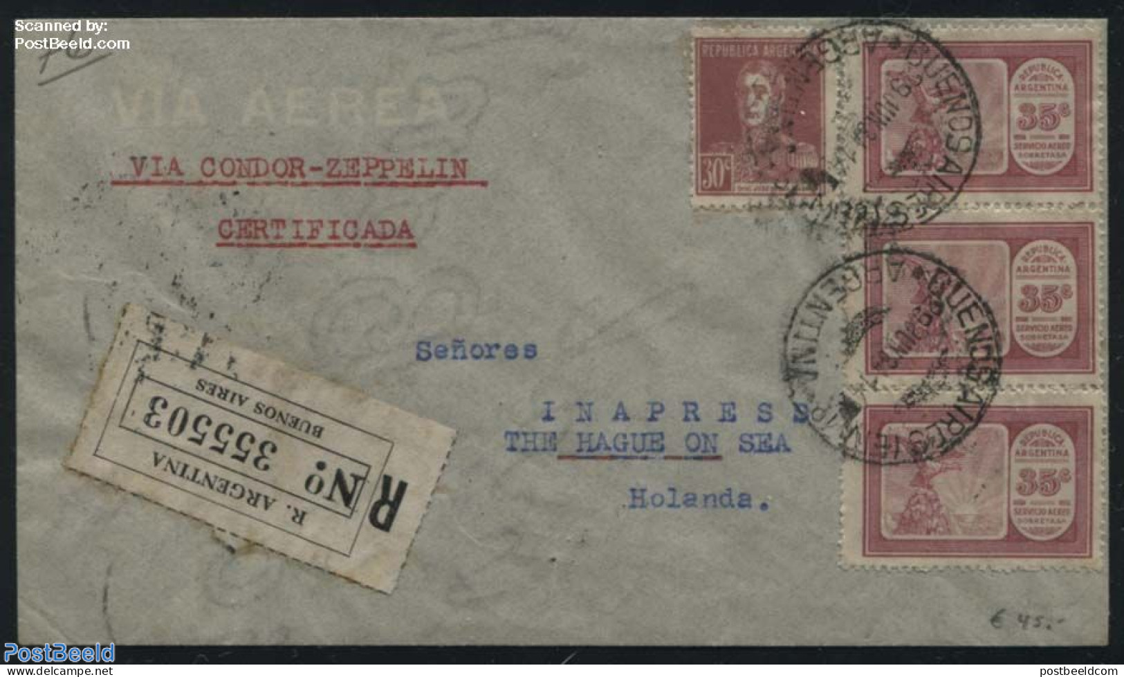 Argentina 1934 Zeppelin Condor Flight To Netherlands, Registered, Postal History, Transport - Zeppelins - Briefe U. Dokumente