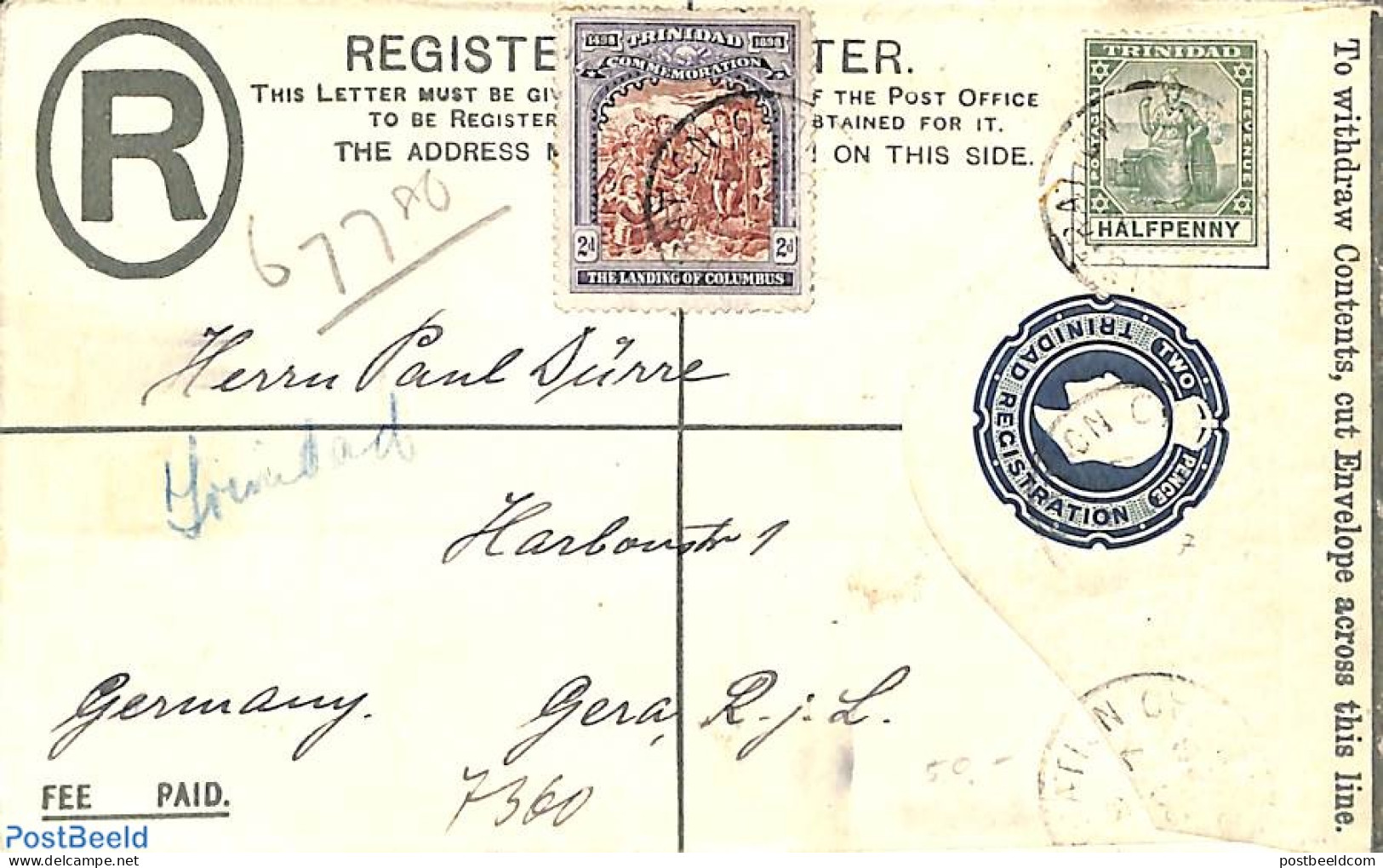 Trinidad & Tobago 1908 Registered Letter Postal Stationary Uprated To Germany, Postal History - Trinidad En Tobago (1962-...)