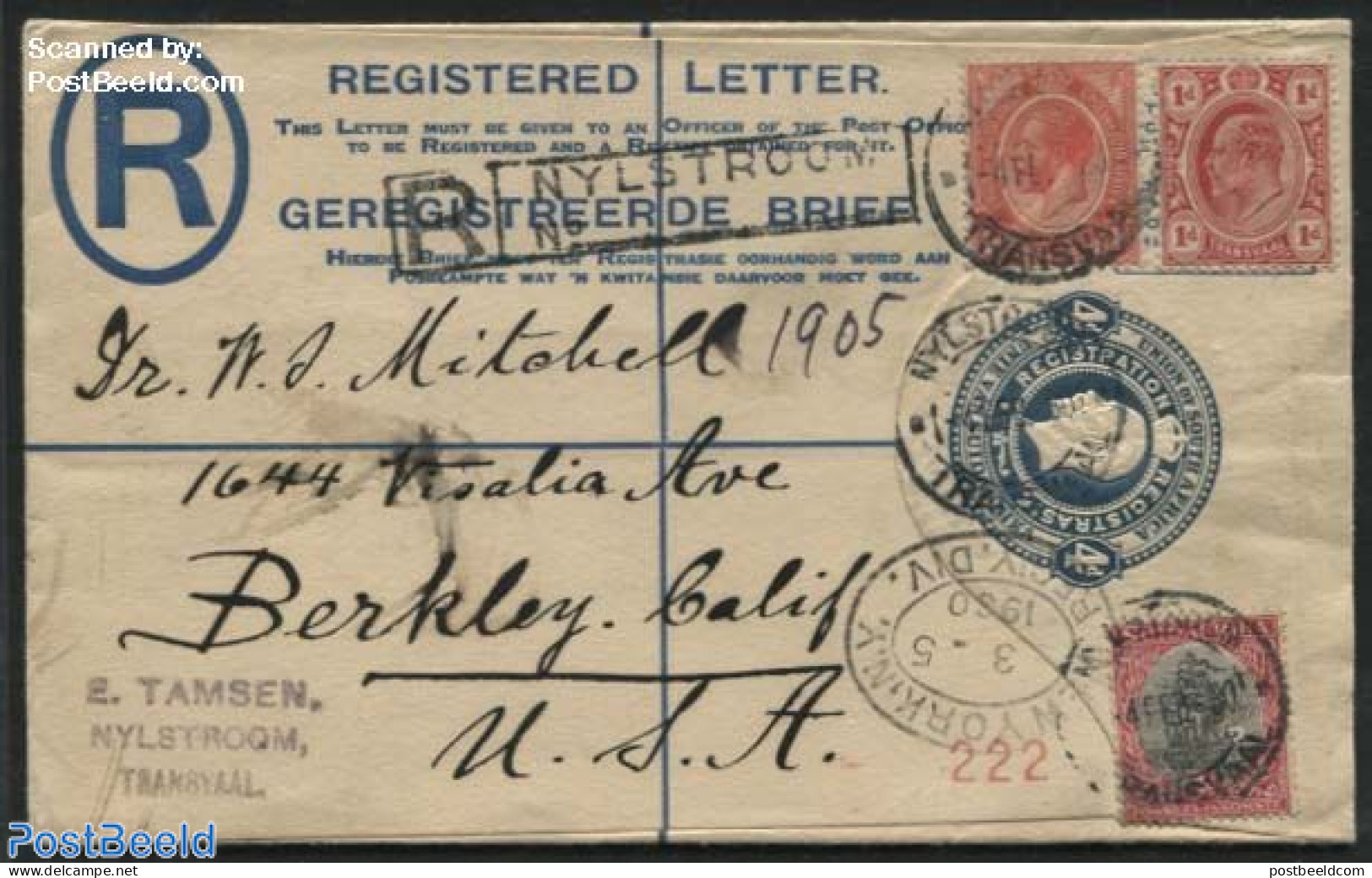 South Africa 1930 Registered Envelope 4d Blue, Uprated, R Nijlstroom, Sent To USA, Used Postal Stationary - Lettres & Documents