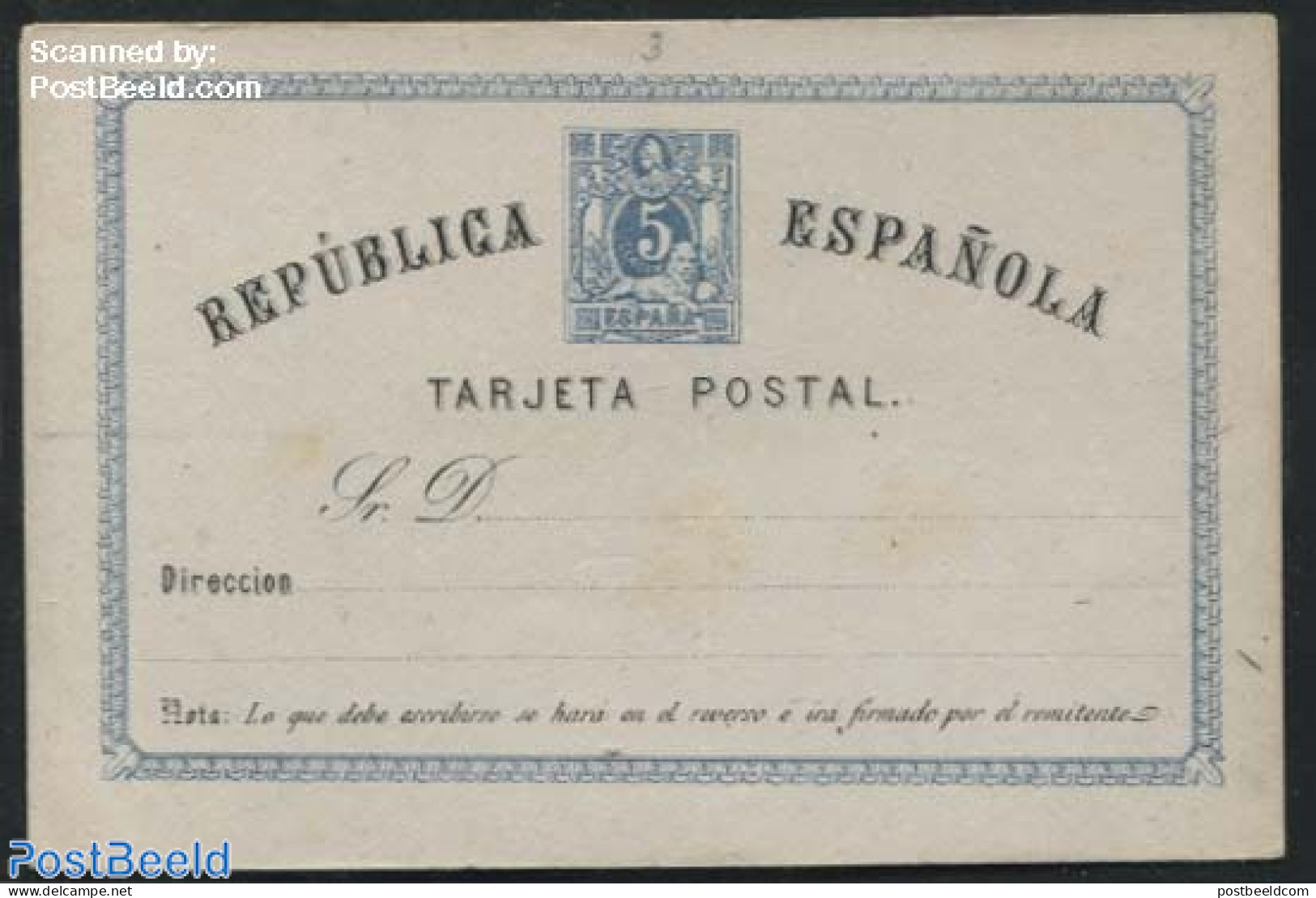 Spain 1874 Postcard 5Cs Blue, 3 Address Lines, Unused Postal Stationary - Covers & Documents
