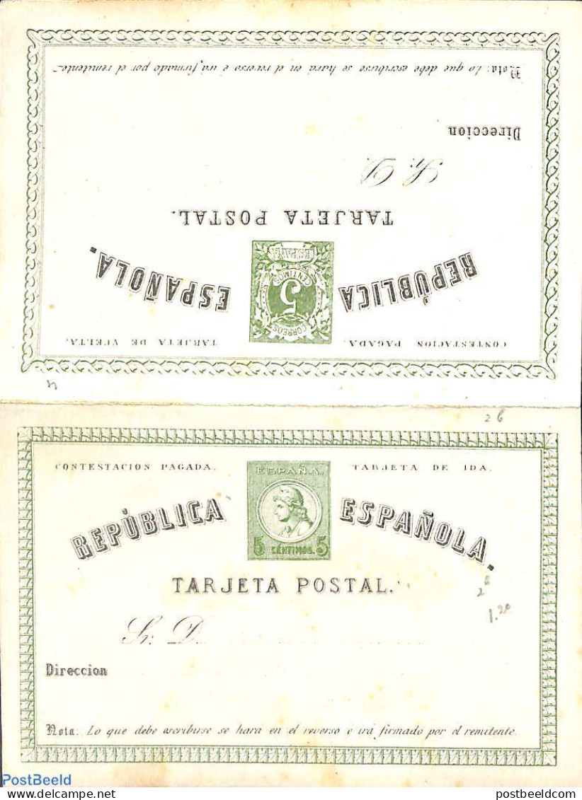 Spain 1873 Reply Paid Postcard 5/5Cs, Unused Postal Stationary - Cartas & Documentos
