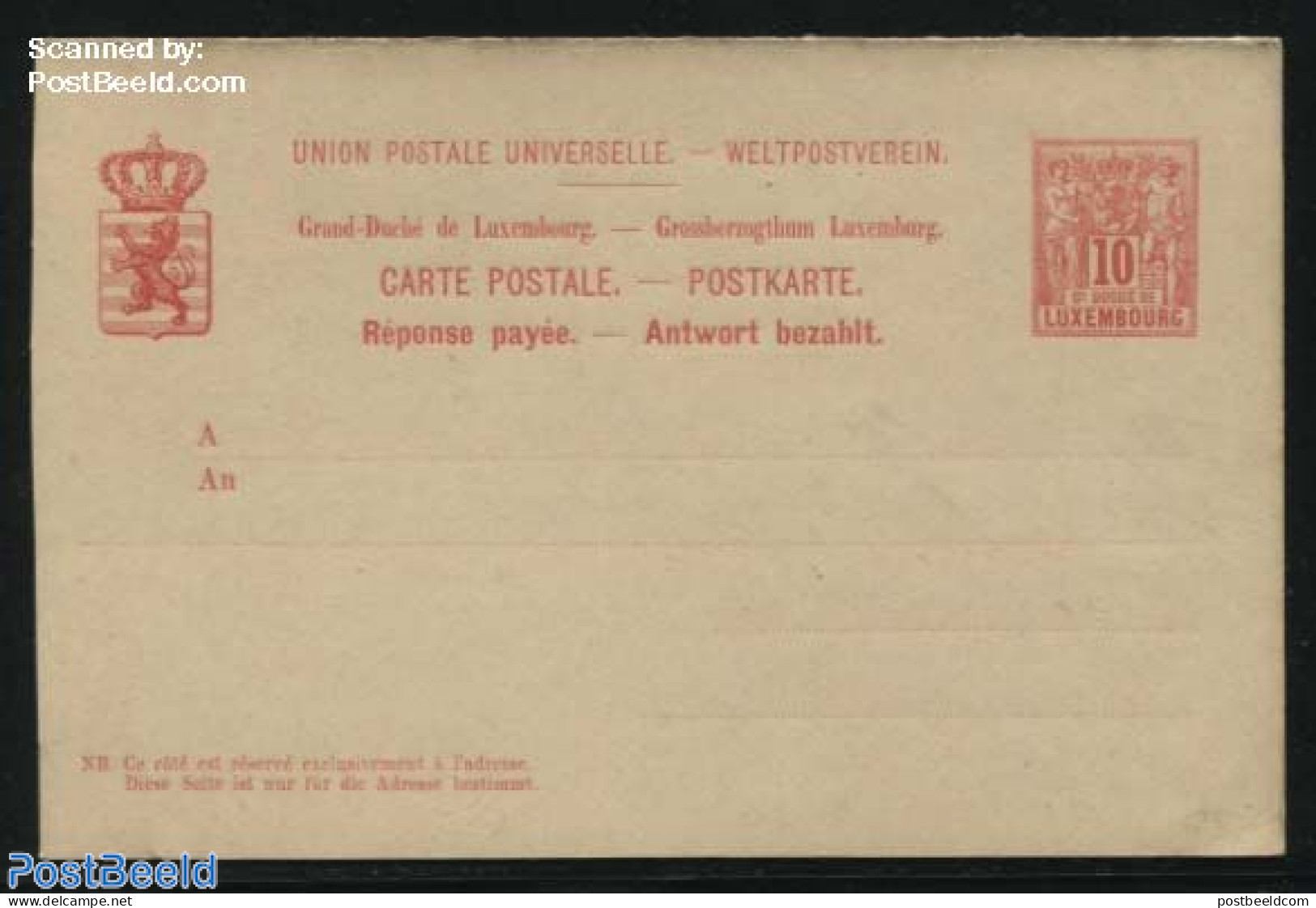 Luxemburg 1888 Reply Paid Postcard 10/10c 142x94mm, Unused Postal Stationary - Cartas & Documentos