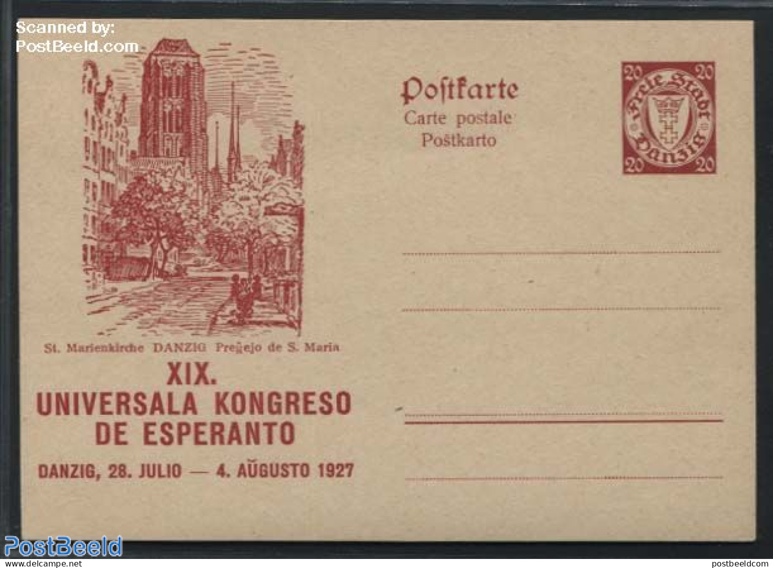 Germany, Danzig 1927 Illustrated Postcard, Esperanto, 20pf, St. Marienkirche, Unused Postal Stationary, Religion - Sci.. - Churches & Cathedrals