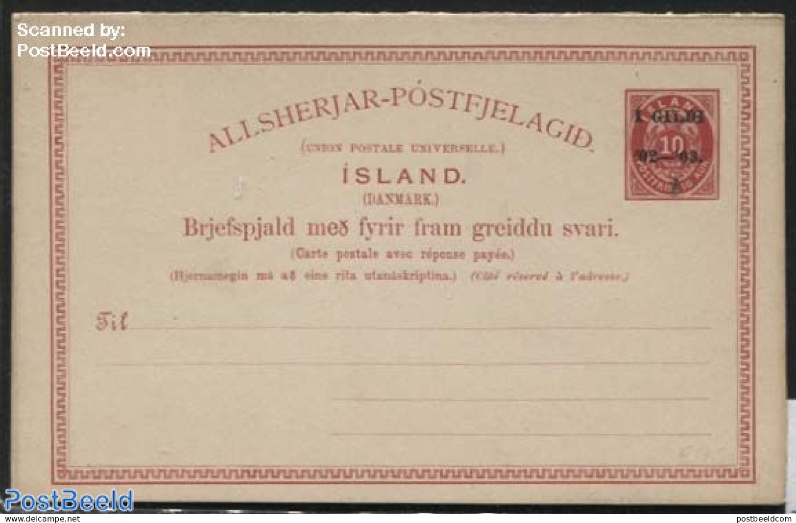 Iceland 1902 Reply Paid Postcard 1 GILDI/1 GILDI On 10/10A, Unused Postal Stationary - Covers & Documents