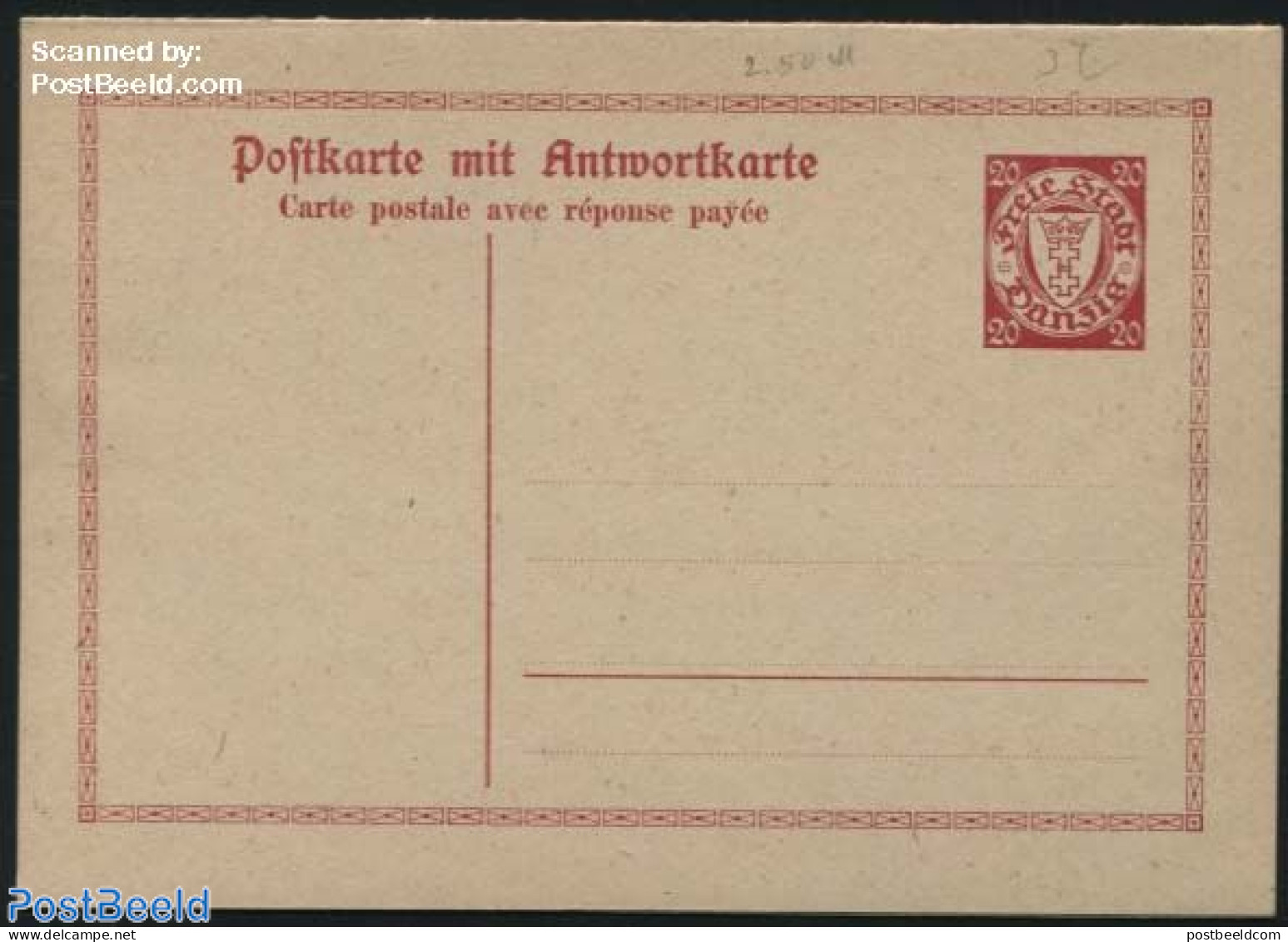 Germany, Danzig 1925 Reply Paid Postcard 20/20pf, 148x105mm, Unused Postal Stationary - Autres & Non Classés