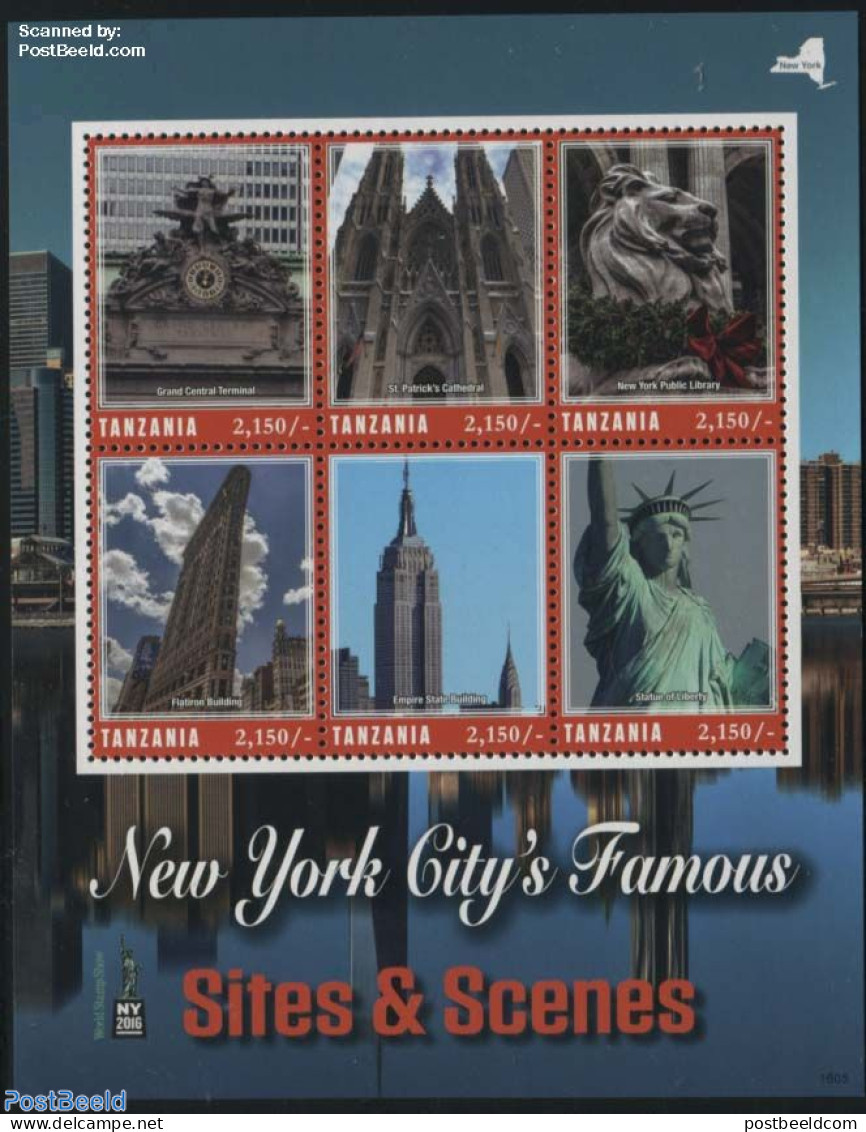 Tanzania 2016 New York City 6v M/s, Mint NH, Nature - Religion - Transport - Cat Family - Churches, Temples, Mosques, .. - Eglises Et Cathédrales