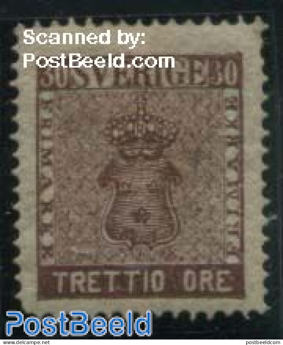 Sweden 1858 30o, Short Corner Leftunder, Stamp Out Of Set, Unused (hinged) - Unused Stamps