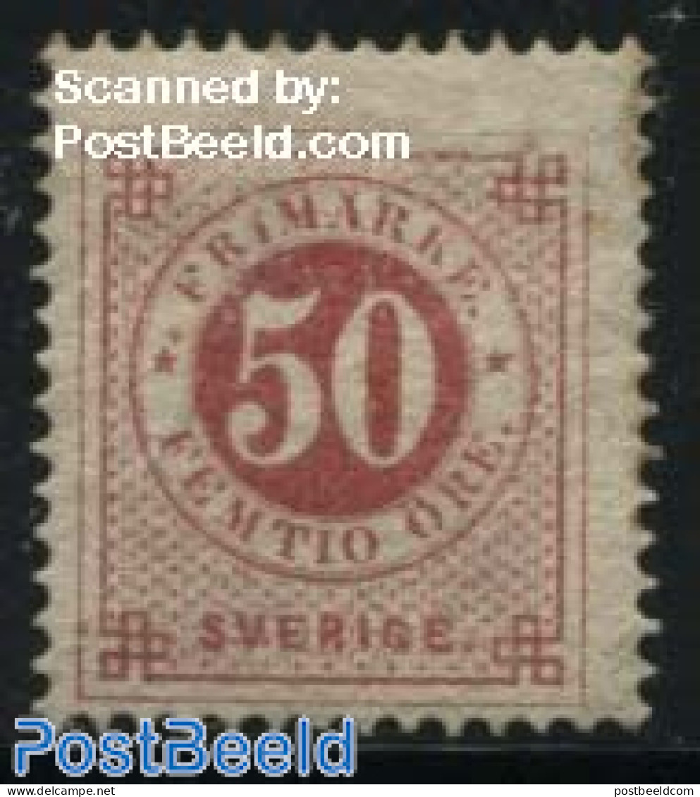 Sweden 1872 50o, Perf. 13, Stamp Out Of Set, Unused (hinged) - Unused Stamps