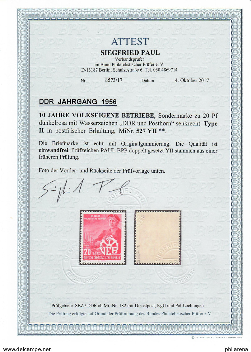 DDR: MiNr. 527 YII, Postfrisch, **, Type II,  BPP Attest - Neufs