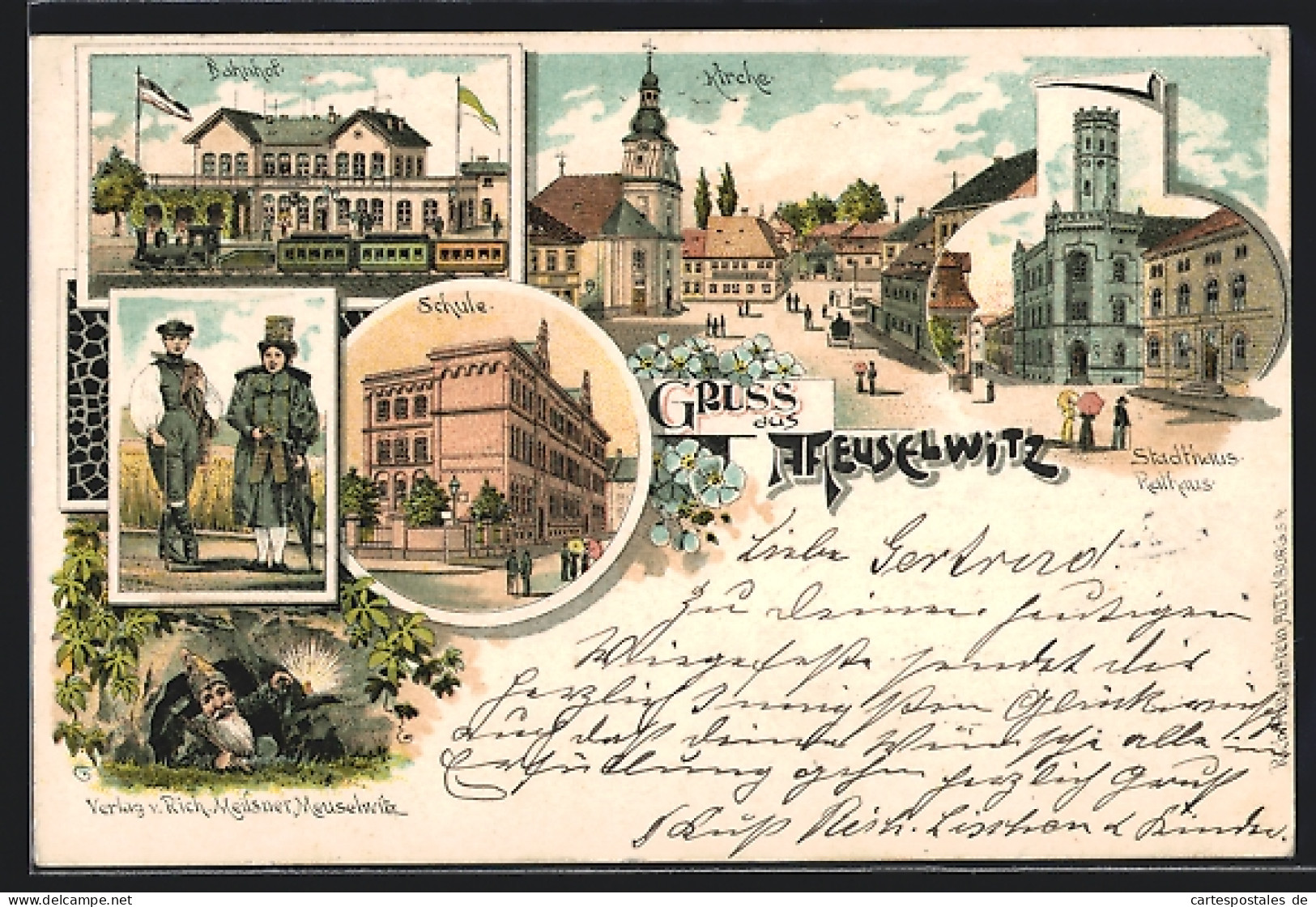 Lithographie Meuselwitz, Bahnhof, Trachtenpaar, Stadthaus, Ortspartie, Zwerg Vor Stolleneingang  - Meuselwitz