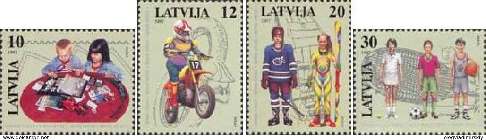 Latvia Lettland Lettonie 1997 Children's Hobbies And Games Philately Railway Sport Motorbike Set Of 4 Stamps MNH - Andere & Zonder Classificatie