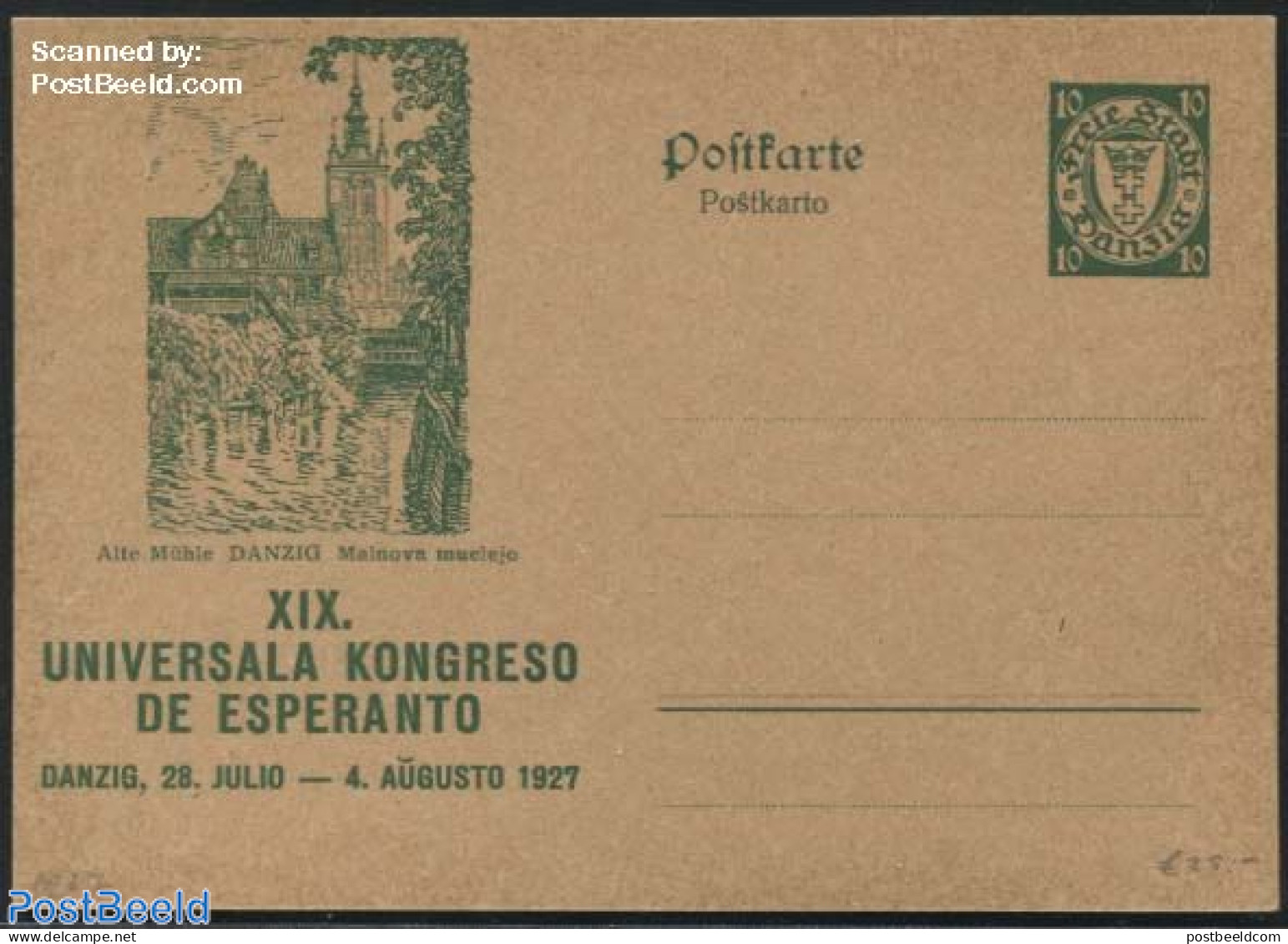 Germany, Danzig 1927 Illustrated Postcard, Esperanto Congress, 10pf, Alte Muehle, Unused Postal Stationary, Science - .. - Moulins