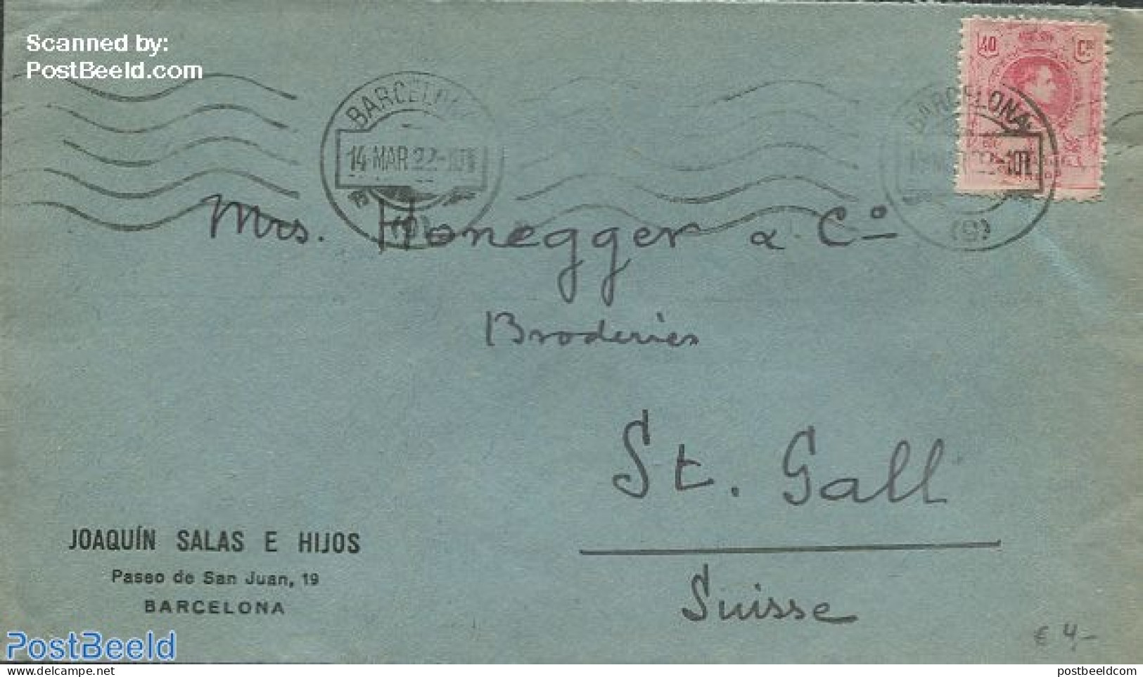 Spain 1922 Envelope From Barcelona To St.Gall, Postal History - Cartas & Documentos