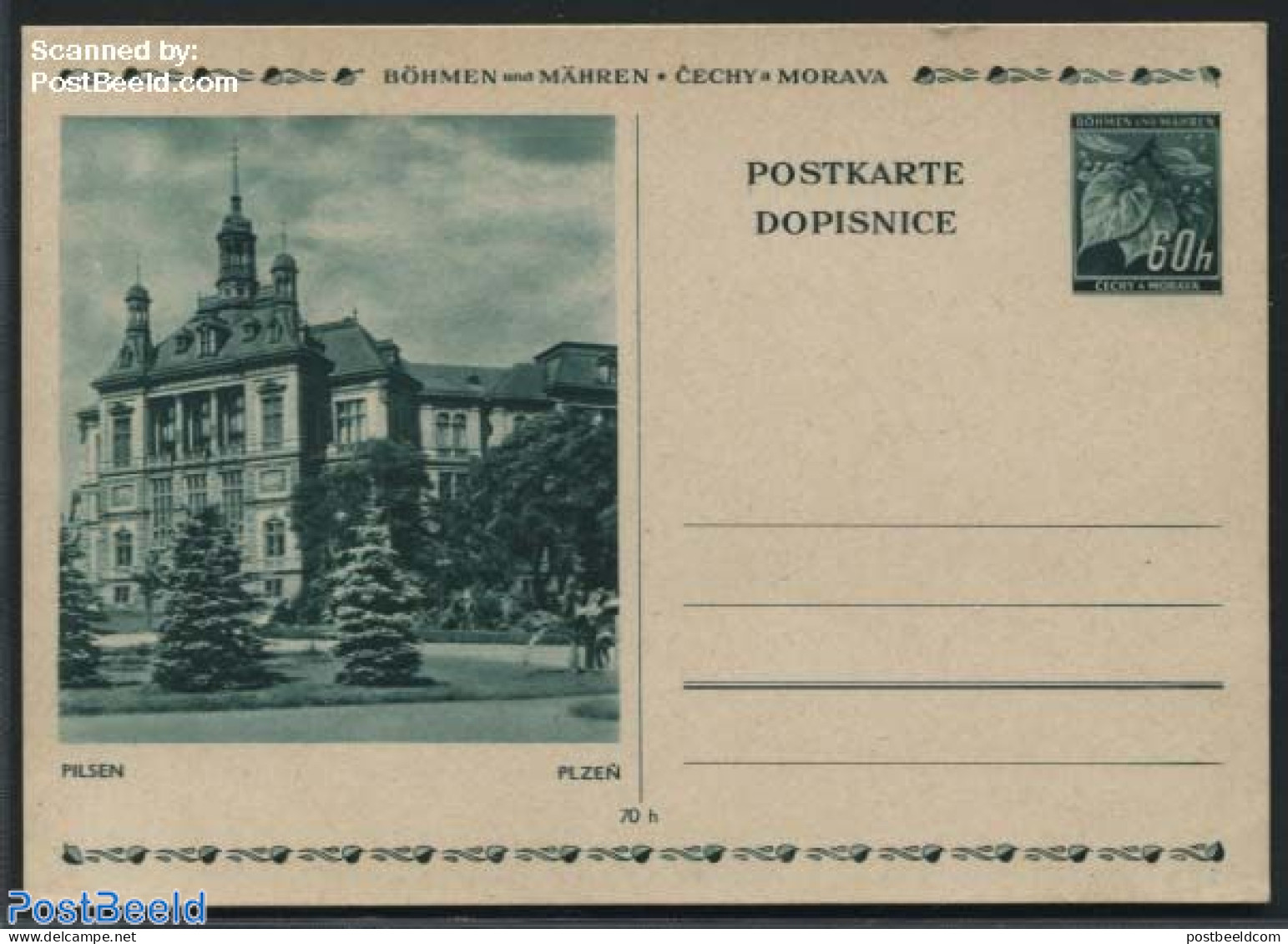 Bohemia & Moravia 1939 Illustrated Postcard 60h, Pilsen, Unused Postal Stationary - Covers & Documents