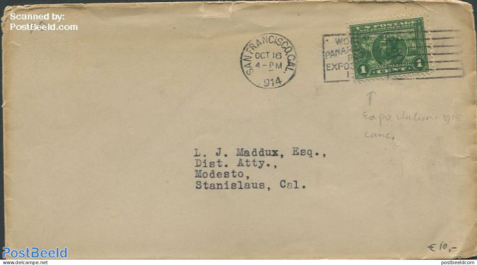 United States Of America 1914 Envelope To Stanislaus,Cal., Postal History - Covers & Documents