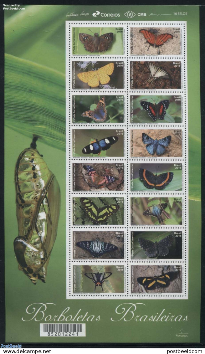 Brazil 2016 Butterflies 16v M/s, Mint NH, Nature - Butterflies - Insects - Ongebruikt