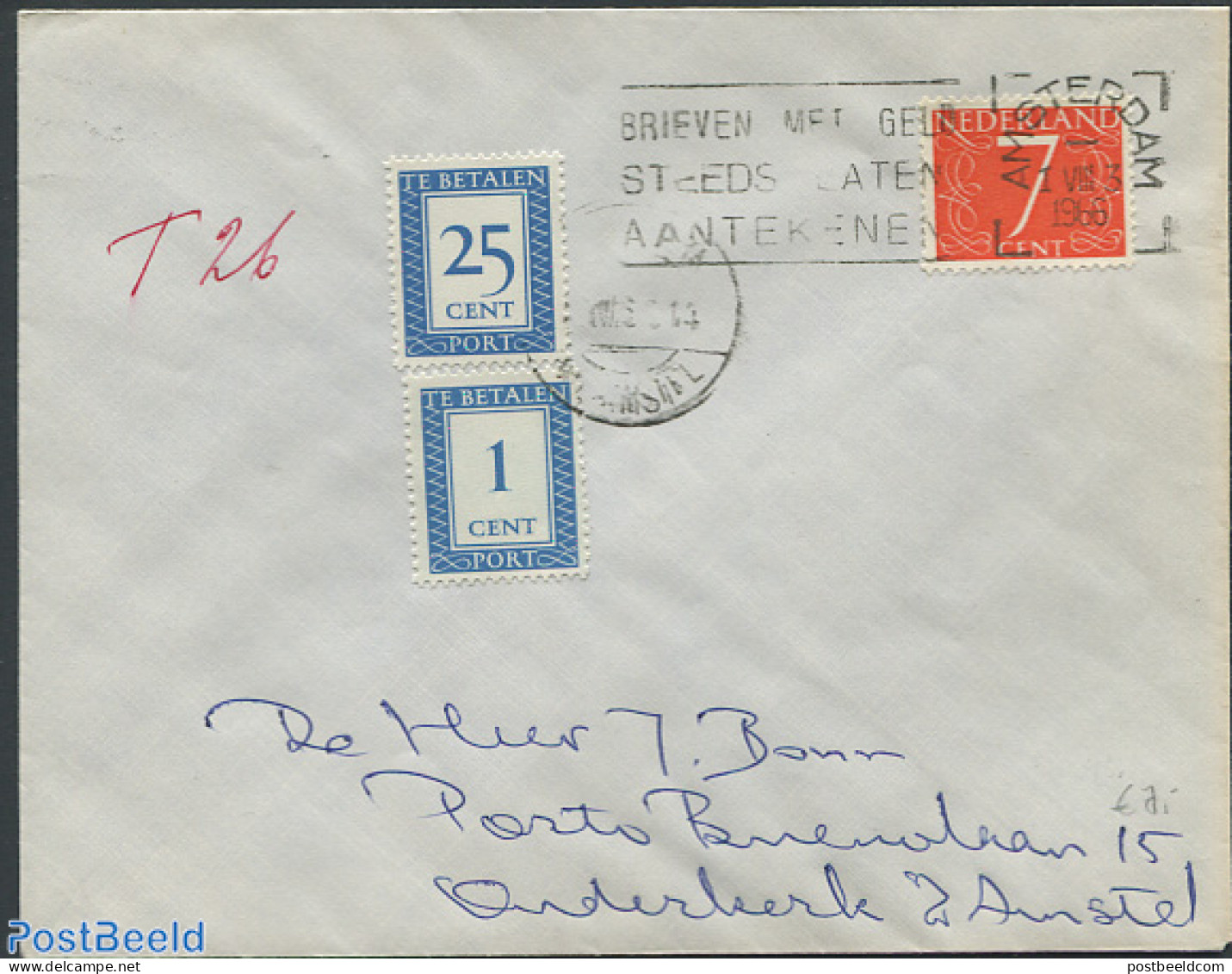 Netherlands 1966 Envelope From Holland, Postage Due 25cent And 1cent., Postal History - Lettres & Documents