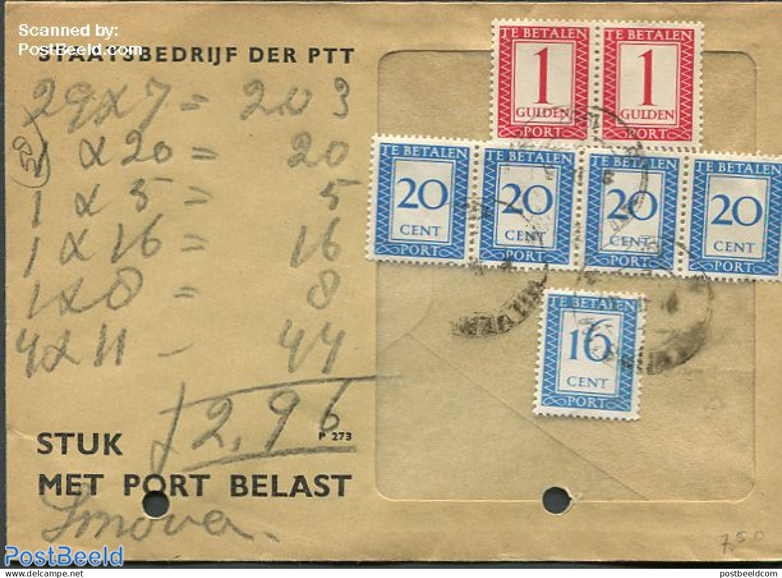 Netherlands 1952 Postage Due, 4x20c,16c And 2x1c, Postal History - Covers & Documents